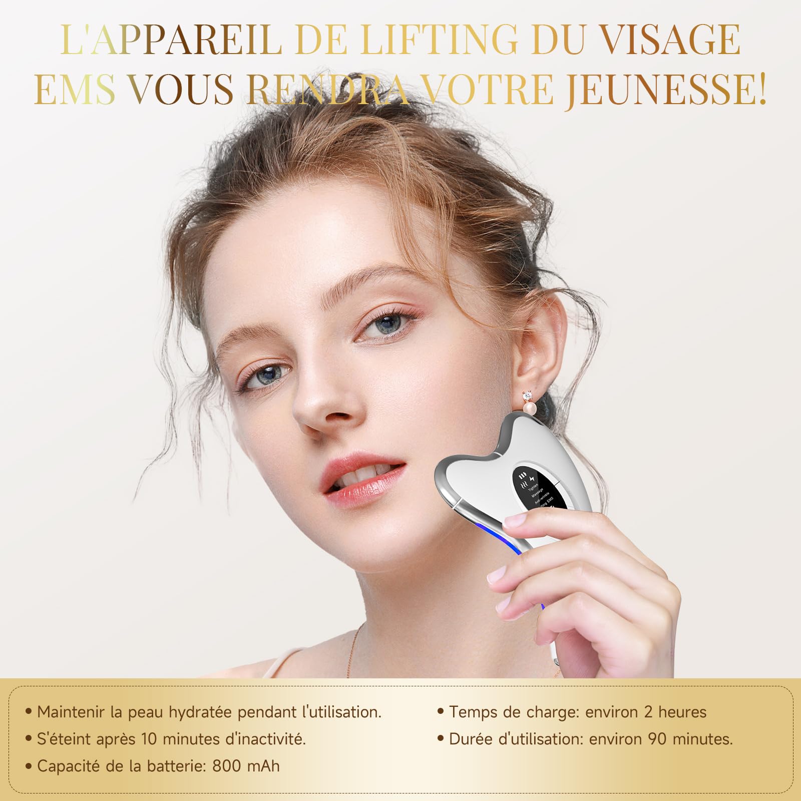 Profey Gua Sha EMS - Appareil de Massage Visage avec Chaleur 45℃, Vibration, Lifting EMS 9 Niveaux, 4 Modes, LED Bleu/Jaune/Rouge - Anti-Vieillissement et Anti-Rides