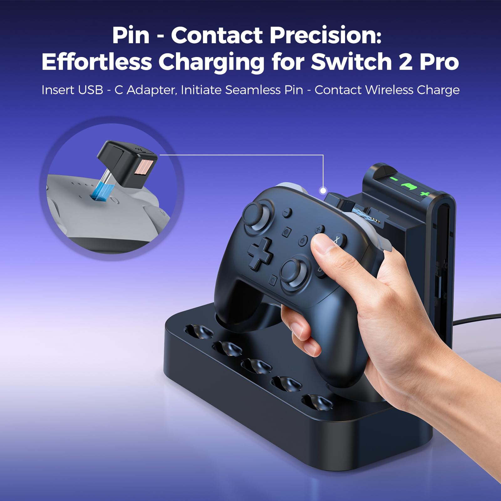 NEWDERY Stazione di ricarica controller per Nintendo Switch 2, stazione di ricarica magnetica rapida Joy con 5 giochi di stoccaggio spazio e indicatore LED, base antiscivolo