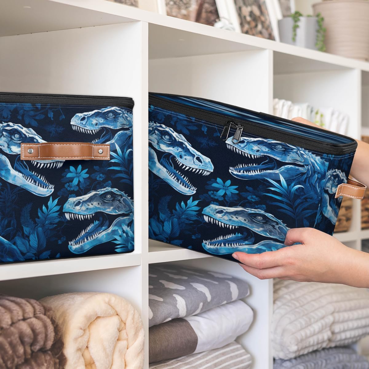 Storage Bin Set of 2 Dinosaur Forest Storage Basket with Zipper Lid & Handle Foldable Closet Shelf 2 Pack Cloth Organizer Basket Cube Bins Clothes Organizer for Bedroom, Nursery