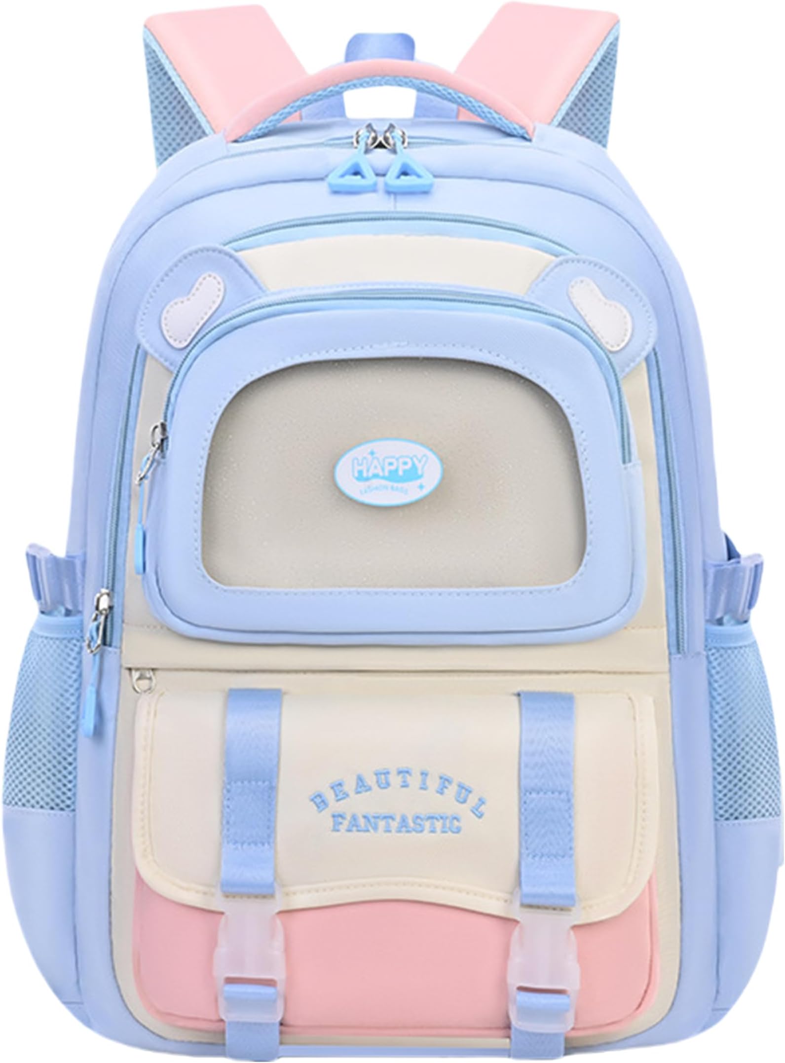 Cute Aesthetic Girls Backpack Elementary Middle School Student Book Bag for Kids Teens Large Kawaii Preppy Bookbag for Ages 6-8 8-10 10-12 (Blue)