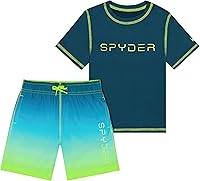 Spyder Boys 2-Piece UPF 30+ Rash Guard Swim Set - Short Sleeve Rashguard & Quick-Dry 4-Way Stretch Trunks