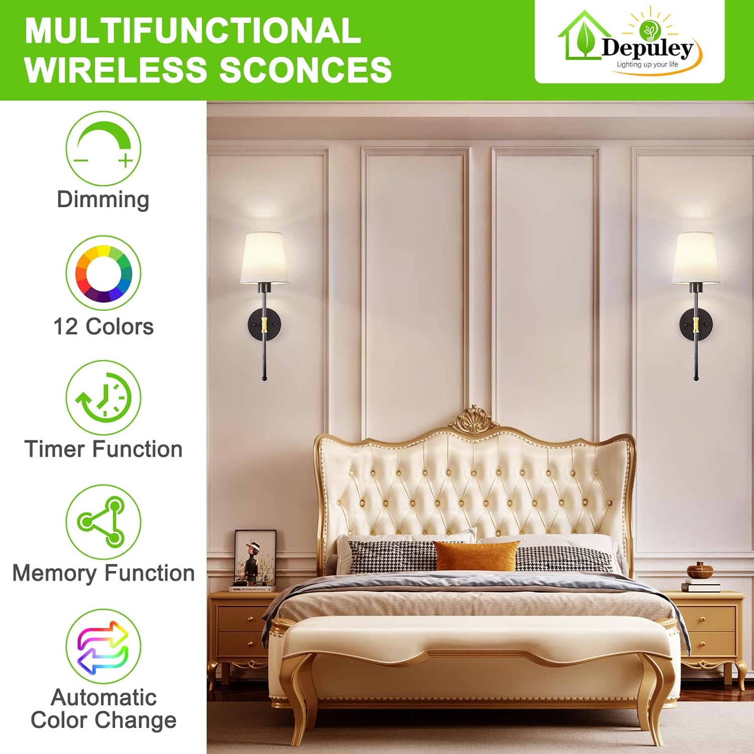 Depuley Battery Operated Wall Sconce: Set of 2 19.99" Wireless Wall Lights with Remote for Bedroom - Rechargeable 15 Colors Black and Gold Wall Lamp for Living Room Hallway Decor Black and Gold 19.9 Inch Set of 2