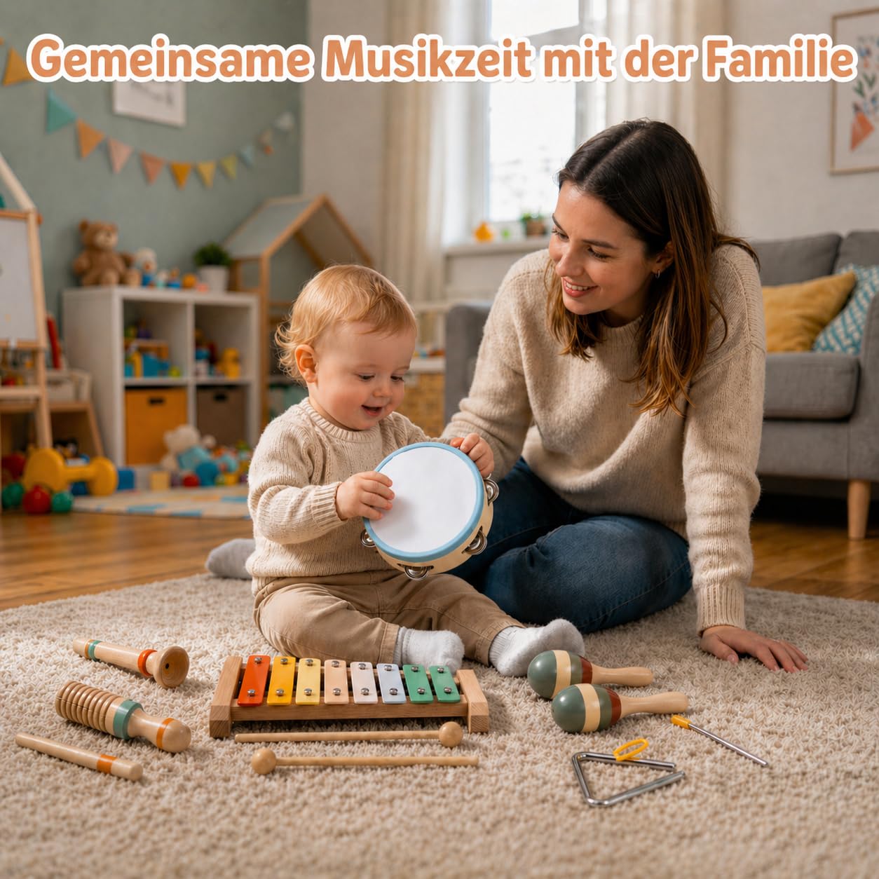 Musikinstrumente für Kinder 3 Jahre, Montessori Musikset aus Holz, 12-teiliges Musikspielzeug mit Xylophon, Tamburin, Rasseln, Guiro, Triangel und Holzpfeife