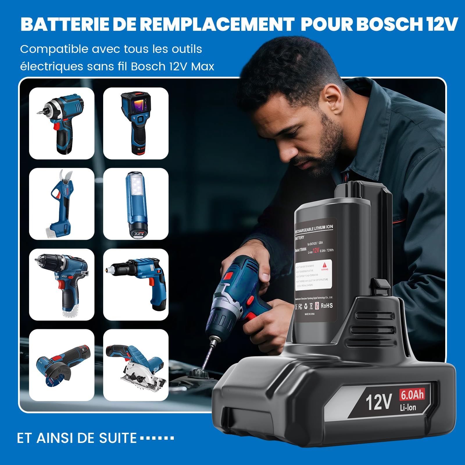 6,0Ah Batterie de Rechange pour Bosch 12V: Compatible BAT420 BAT411 | 2-pièce Li-ION Batterie pour Bosch Professional 12V System Starter-Set Batteries - GBA 12V