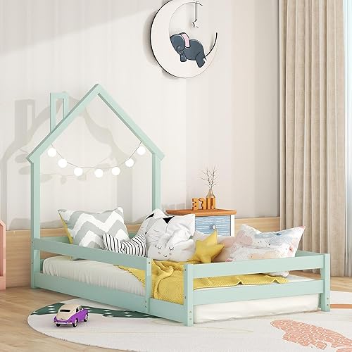 Cama Montessori de tamaño individual con cabecero y valla en forma de casa, marco de cama de madera para niños y niñas, necesita somier, color verde
