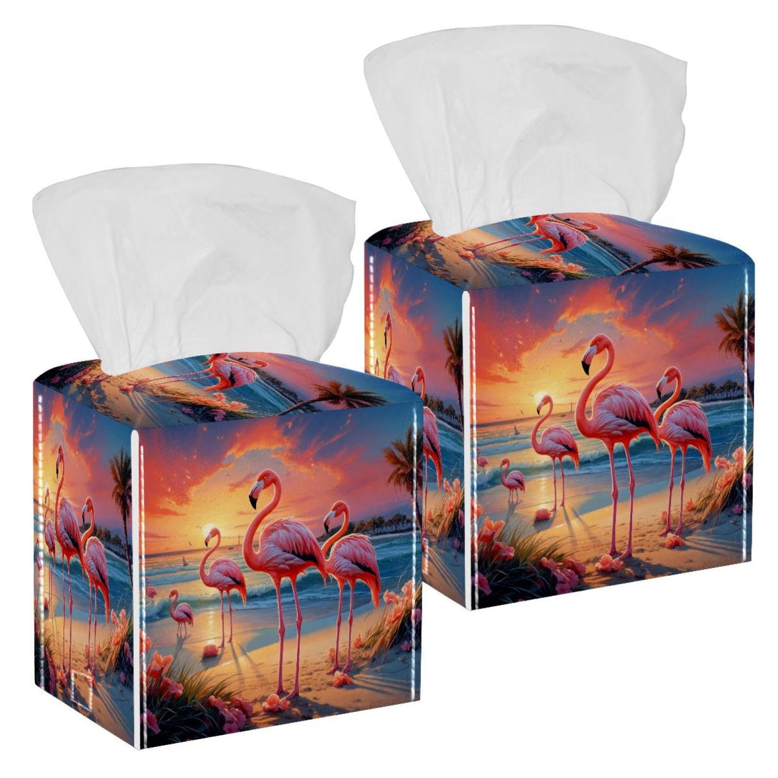 Flamingo Tissue Box Cover, 2 Pack PU Leather Square Facial Tissue Dispenser Box holder for Home Office Car
