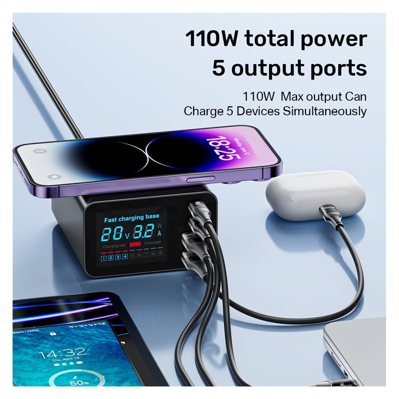 Caricabatterie Wireless Caricabatterie Rapido Tipo C Da 110 W Display LCD Stazione Di Ricarica USB 5 In 1 For Laptop Cassaforte Veloce(With 100w 1m cable)