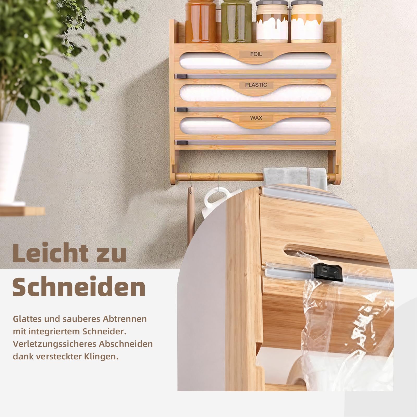 Distributeur de Film Alimentaire 4 en 1 avec Support pour Essuie-Tout Organiseur Mural pour Papier Aluminium,Film Plastique et Papier Ciré,Rangement Polyvalent avec Rouleau-Holz