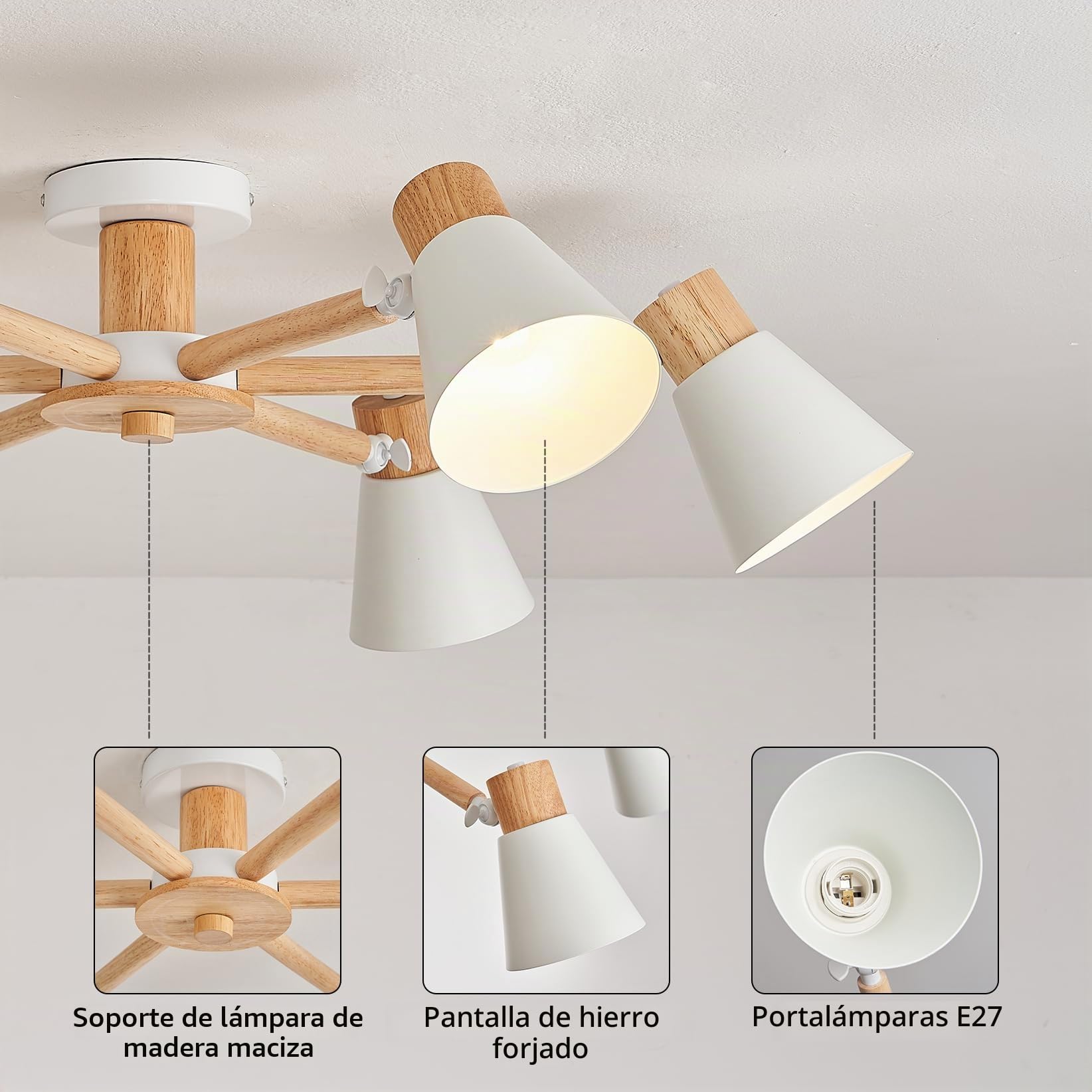 YOODI Lampara de Techo, 6 Luces Lámpara de Araña Modernos, E27 Plafones de Metal y Madera Maciza, Blanco Accesorio de Iluminación Colgante para Salón, Dormitorio, Comedor, Cocina (Sin Bombilla)