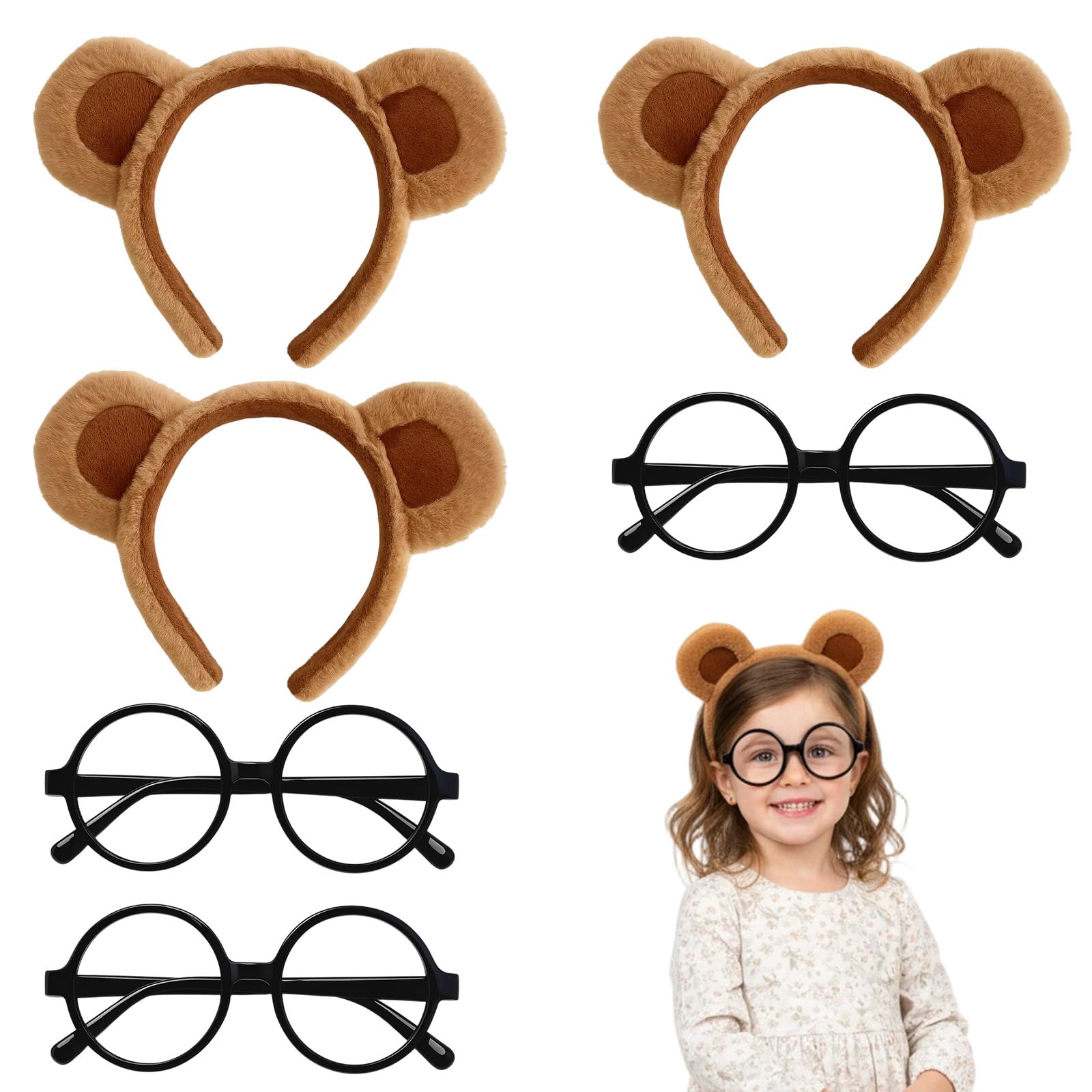SrgPui 3 Pcs Bear Ears Headband+ 3 Pcs Black Round Frame Glasses, Plush Teddy Bear Party Hats