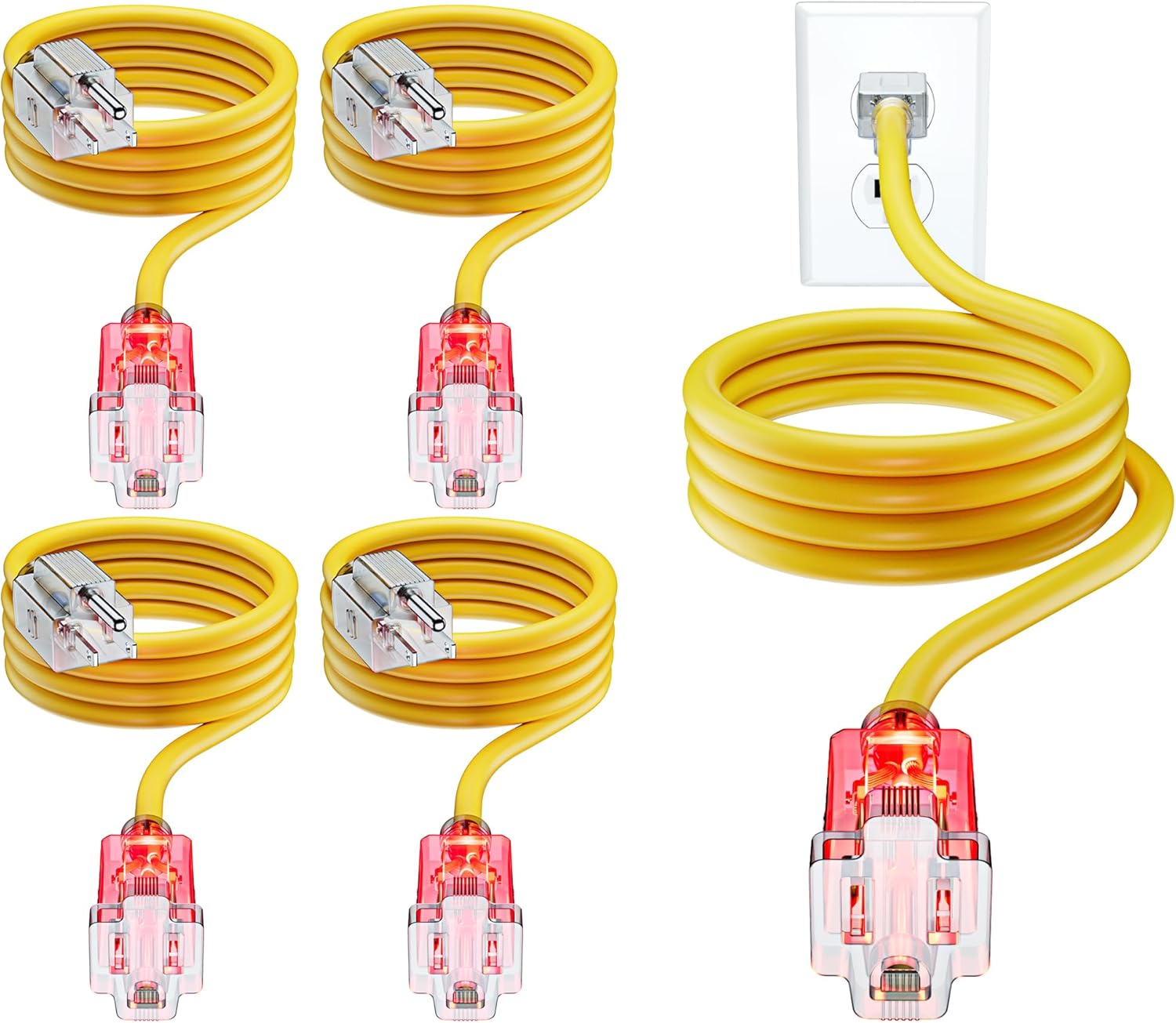Maximm 6 Feet Yellow (5 Pack) Extension Cord – 16 AWG, 3-Prong Grounded, Lighted End, Heavy Duty Indoor/Outdoor Power Cable, ETL Listed
