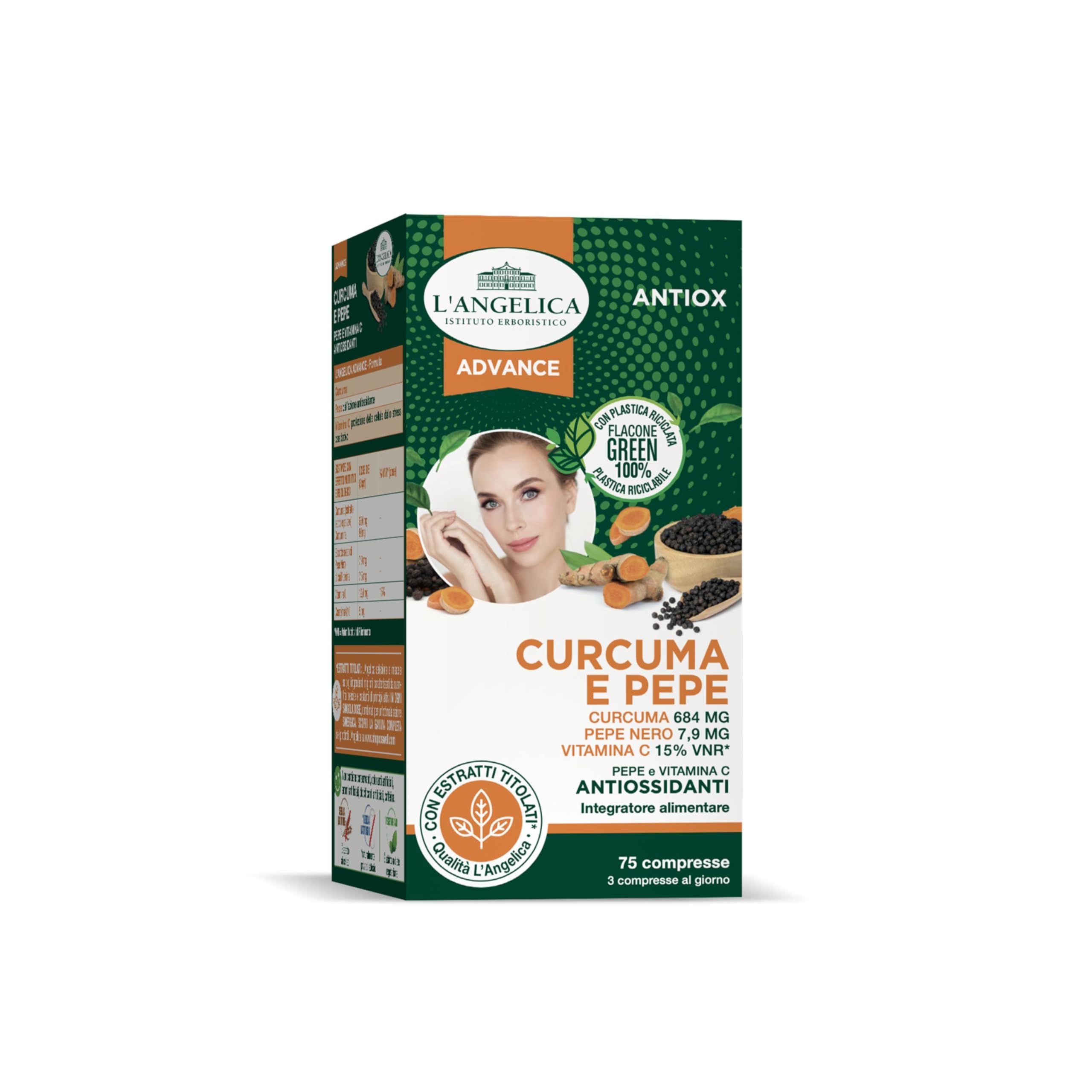 L'Angelica, Integratore in Compresse Curcuma e Pepe, Azione Antiossidante, Senza Lattosio, Senza Glutine, Formato: 75 Compresse