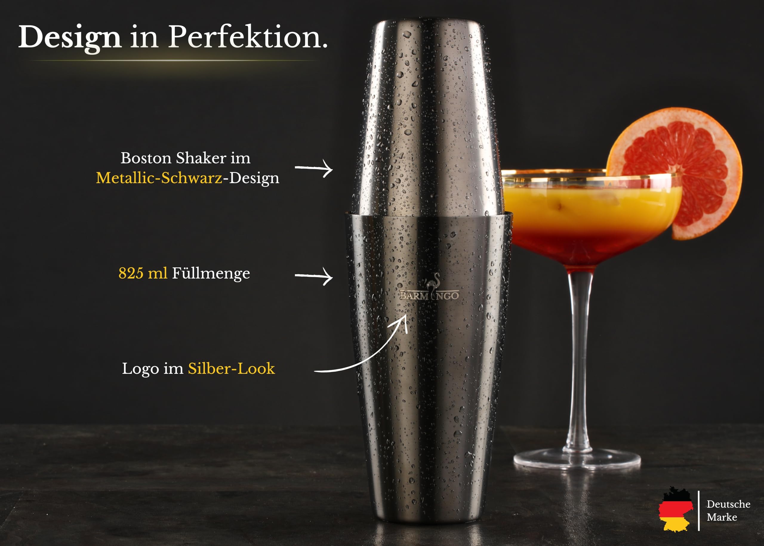 Edelstahl Cocktail Set 11tlg – 825ml Boston Cocktail Shaker Set mit Ständer und Bar Zubehör, Cocktailshaker Set | Barkeeper Set | Cocktail Mix Set | Barset | Boston Shaker Set | Schwarz