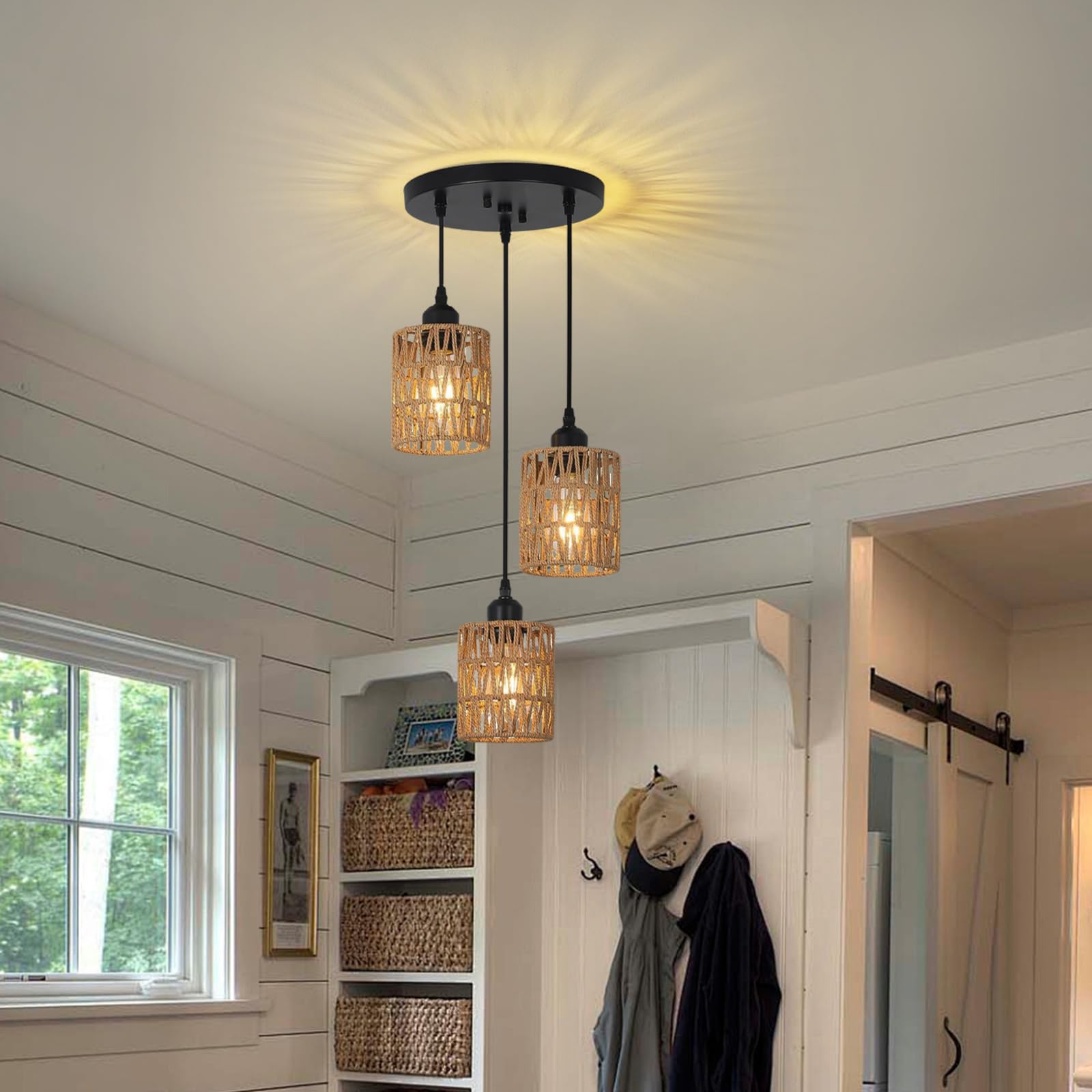 Lampade a Sospensione 3 Luci a Rattan, Retrò Paglia da Soffitto | Boho Lampadario Cucina, Attacco E26, Cavo del Ciondolo Regolabile, Lampadina non Inclusa, per Soggiorno Camera da Letto-Nero