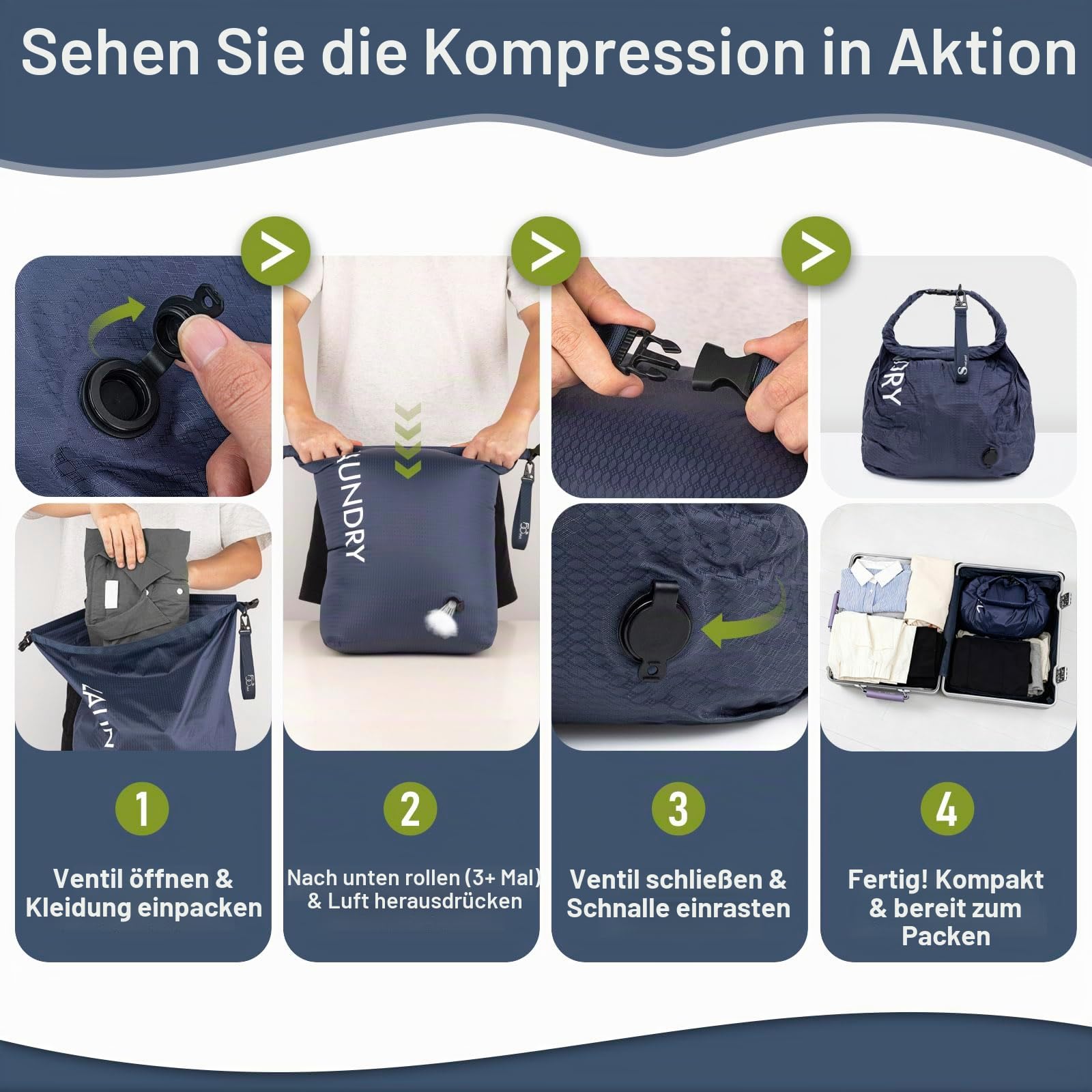 WiseBoy Wäschesack Reise 2er Set, Kompressions-Schmutzwäschebeutel | Wasserdichter Wäschebeutel mit Rollverschluss, Nass- & Trockenfunktion, Platzsparend Laundry Bag. Für Gym, Schwimmen, Reise.