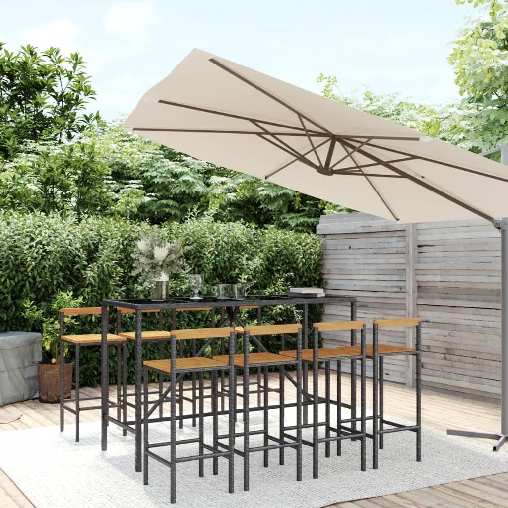 9 Piece Black Poly Rattan and Solid Wood Acacia Garden Bar Set with Tempered Glass Tabletop and Powder-Coated Steel Frame for Outdoor Patio