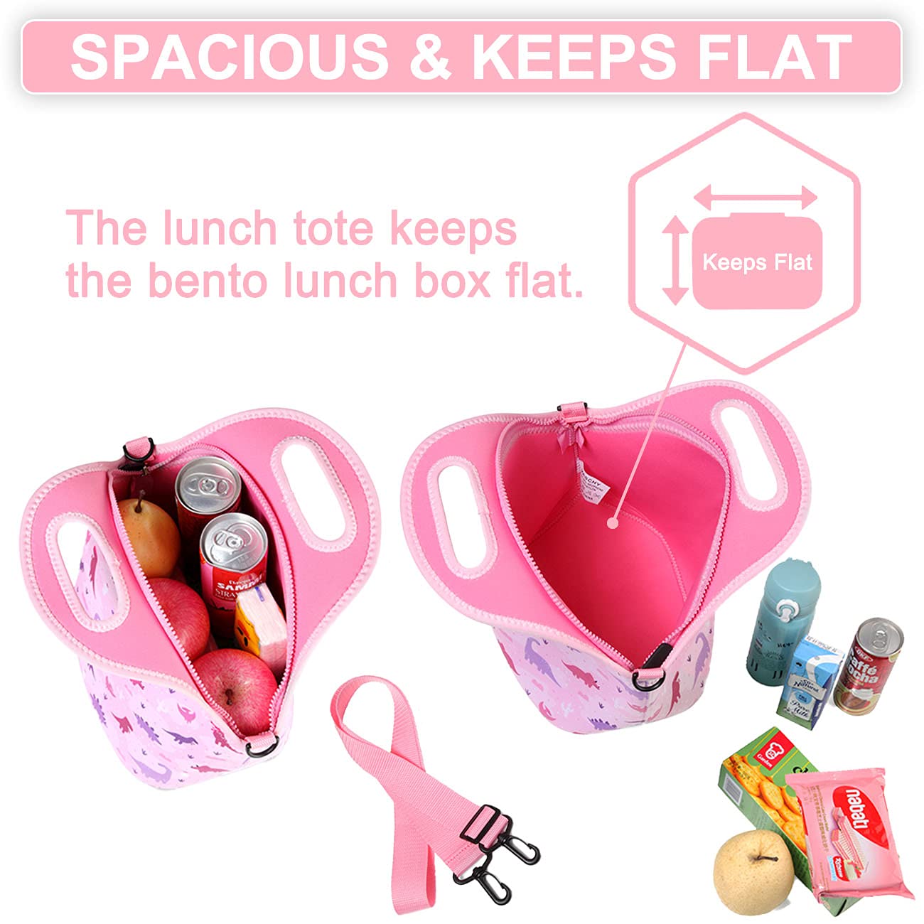 Lonchera para niños, bolsa de almuerzo ligera de neopreno para niños pequeños y niñas a la escuela, guardería, jardín de infantes, dinosaurio rosa 4