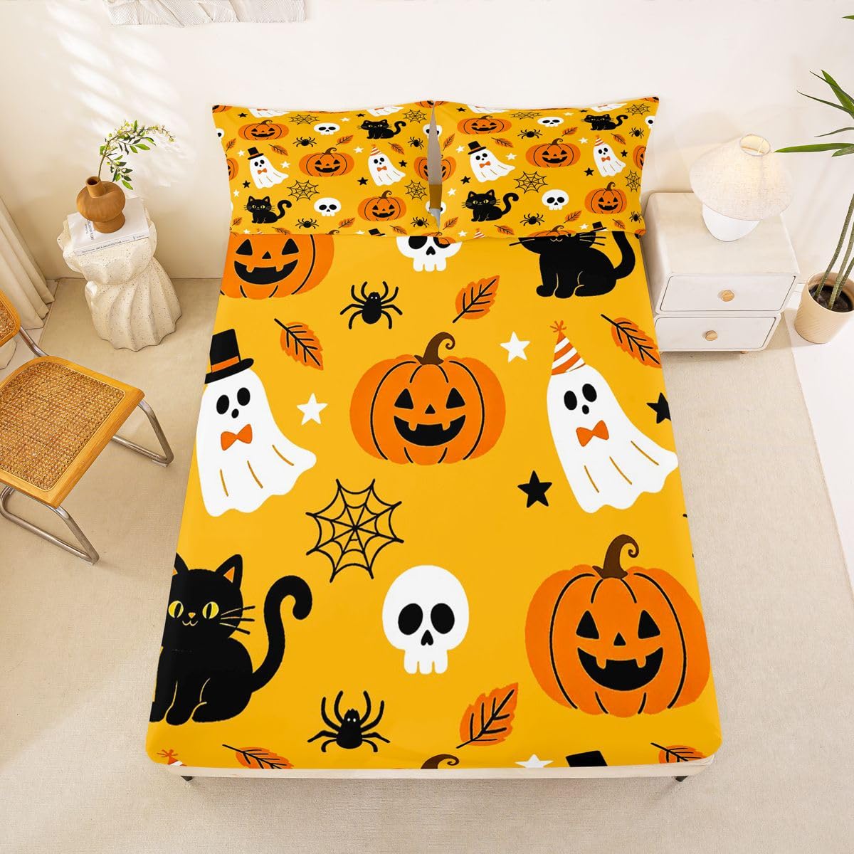 Homemissing Sábana bajera ajustable de Halloween con 2 fundas de almohada, tamaño King, con bolsillo profundo de 40,6 cm, para niños y niñas, decoración de dormitorio de adolescentes (sin sábana