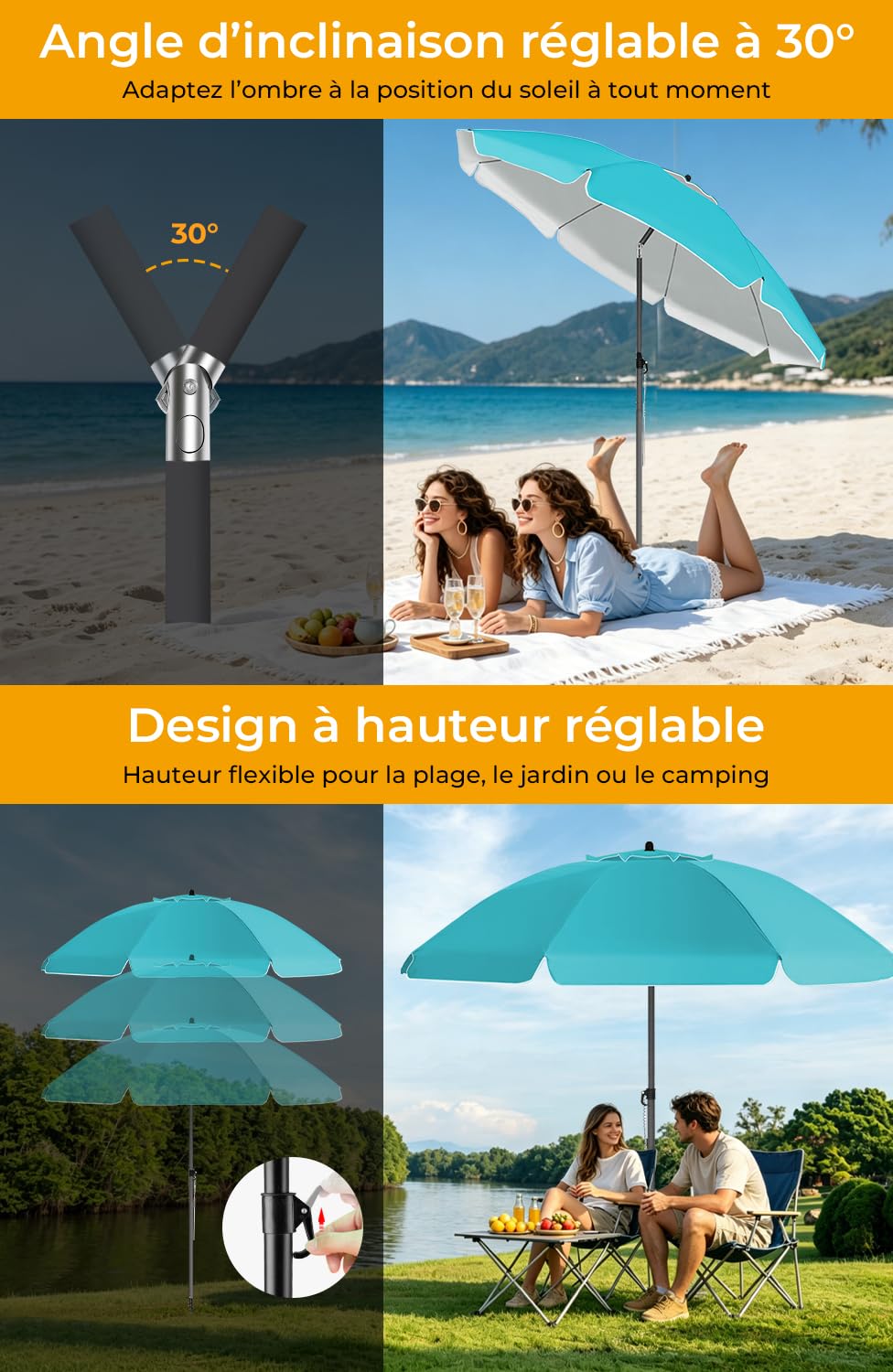Parasol Plage Inclinable UV50+ 200cm Turquoise HOMEDEMO avec Pied d'Ancrage & Housse