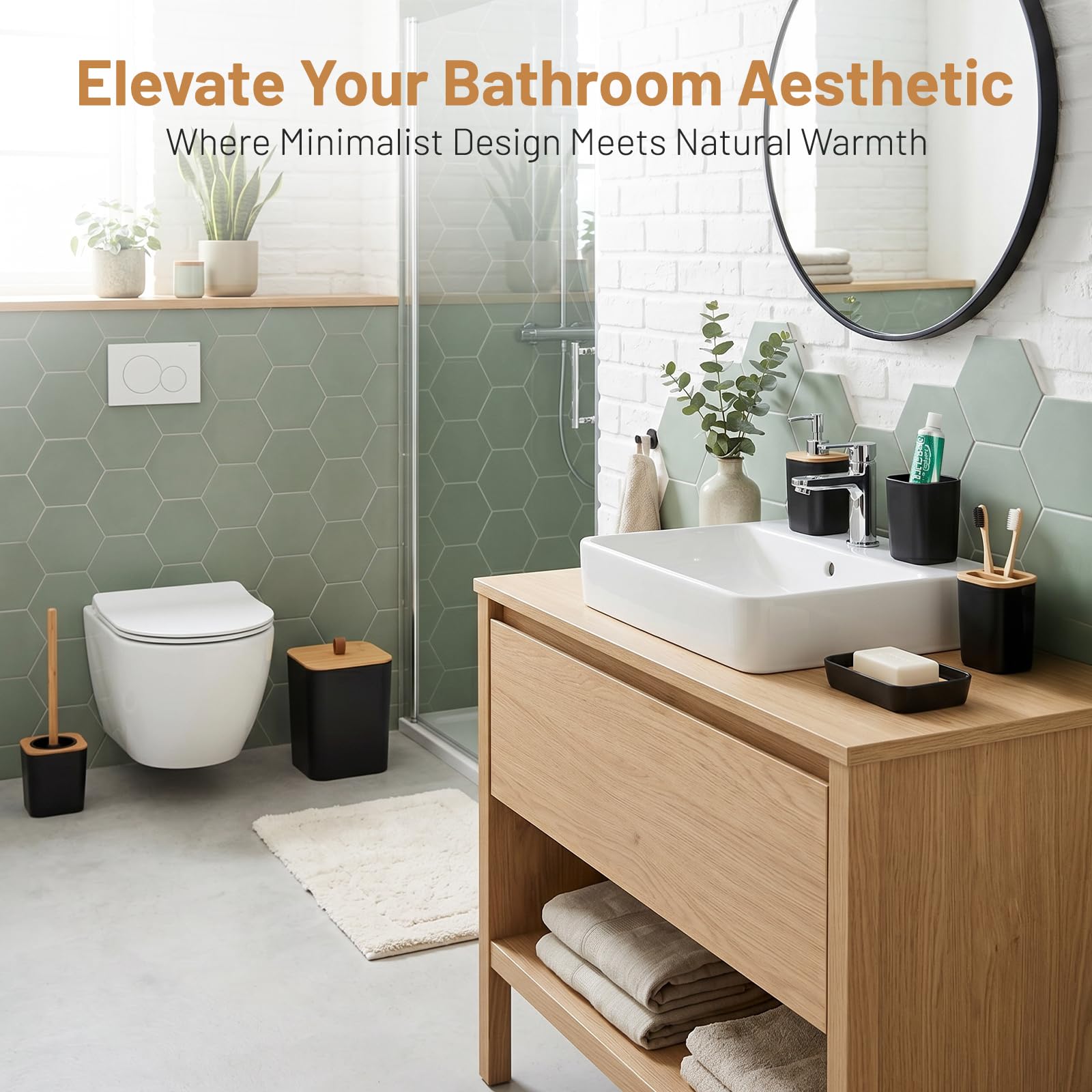6 teilig Badezimmer Zubehör Set Modern - Badezimmerset Bambus Luxuriösem Kunststoff - Badezimmer Set mit Seifenspender Zahnputzbecher Becher WC Bürste Seifenschale Mülleimer (Schwarz)