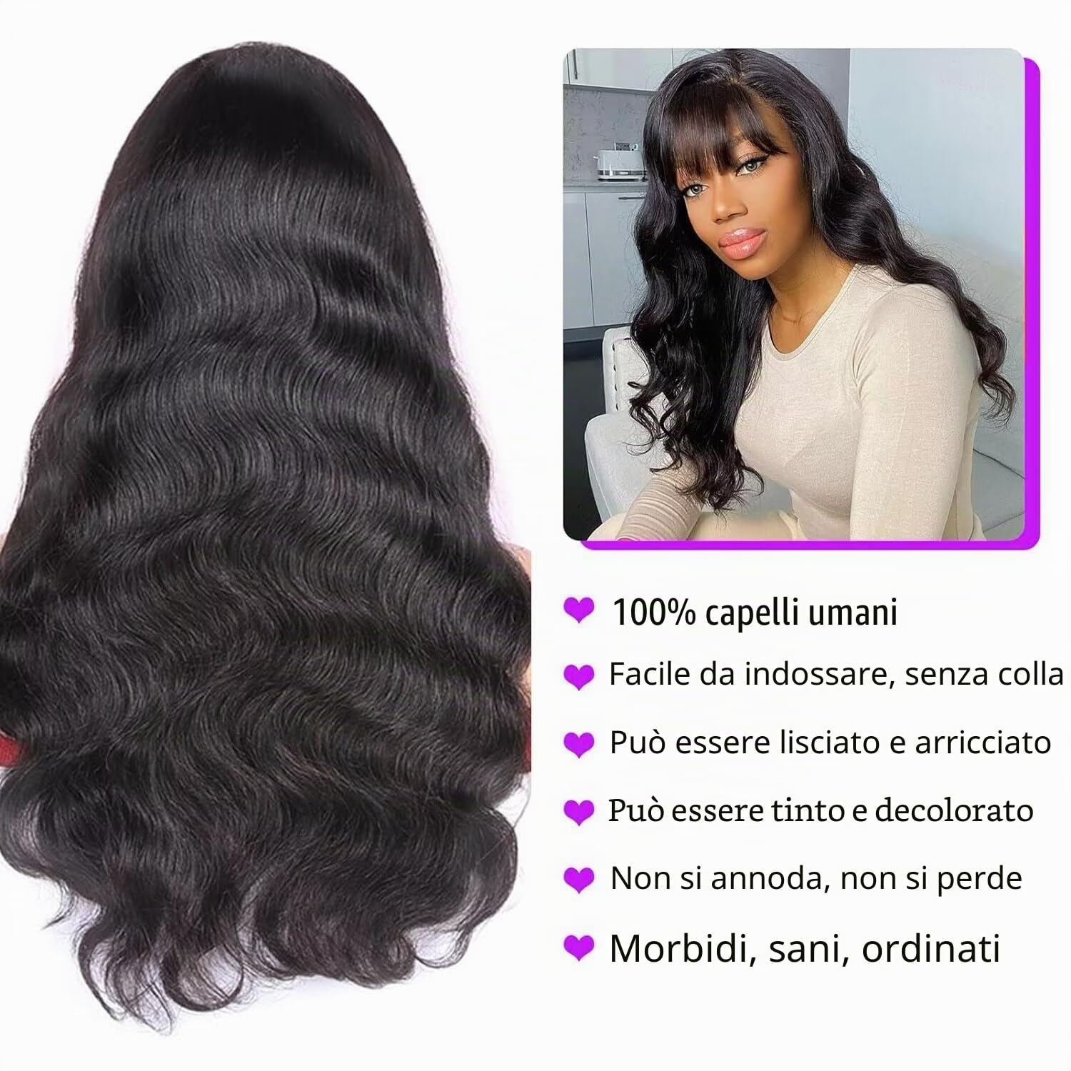Parrucca da donna brasiliana naturale del corpo dell'onda umano dei capelli con frangetta 22 pollici parrucca senza colla capelli umani con frangia senza pizzo parrucca brasiliana con frangia senza