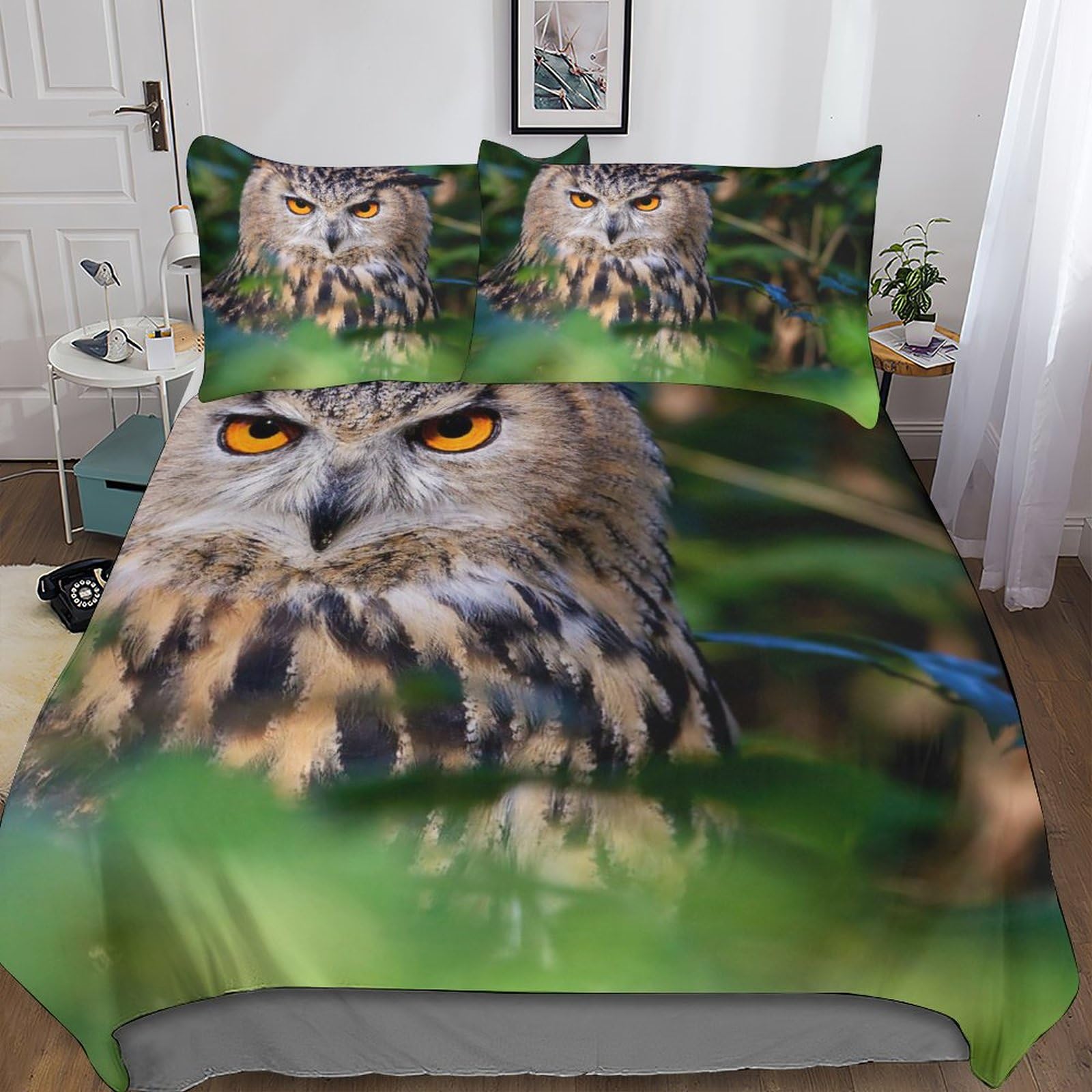 Parure de lit de 3 pièces motif owl closeup pour lit double enfants filles et adultes
