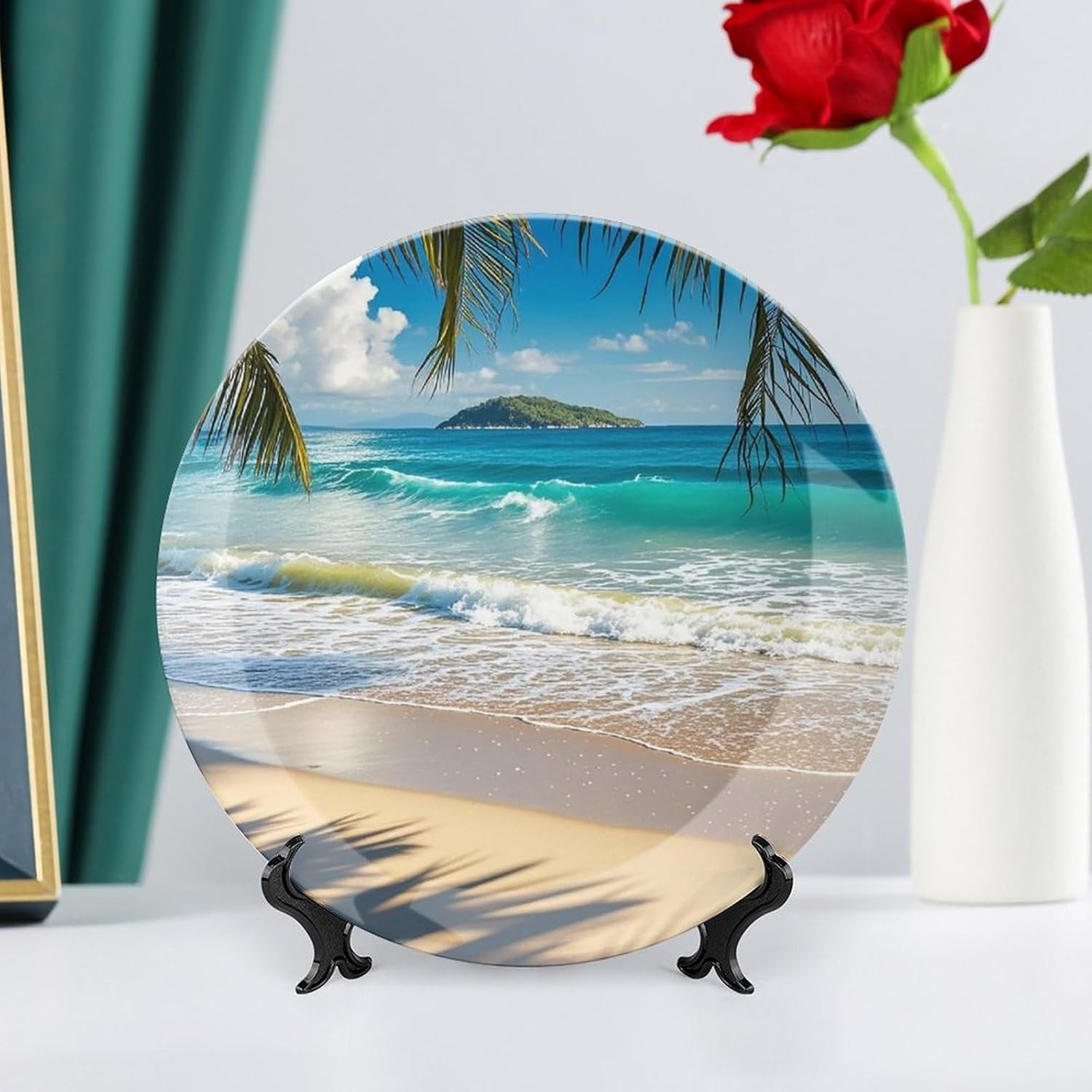 Beautiful Beach Seascape Decorative Ceramic Plate Round Porcelain Plate Decor Personalized Bone China Decorative Plates Ceramic Ornaments Dessert Plates with Display Stand 10inch