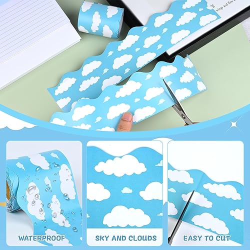 Miniatura 3 de Bordes de tablón de anuncios de 99 pies con diseño de nubes blancas y cielo azul, borde festoneado para pizarra blanca, decoración de bordes de aula