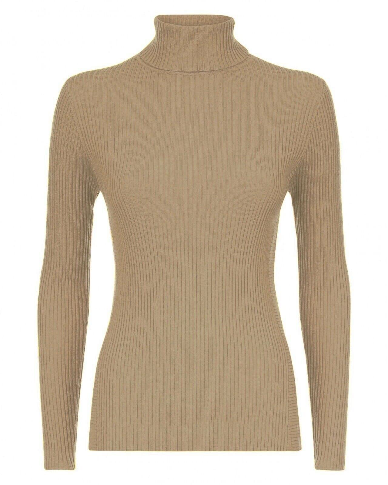 GUBA Womens Polo Neck TOP Ribbed Ladies ROLL Turtle HIGH Neck Jumper Long Sleeve Mocha