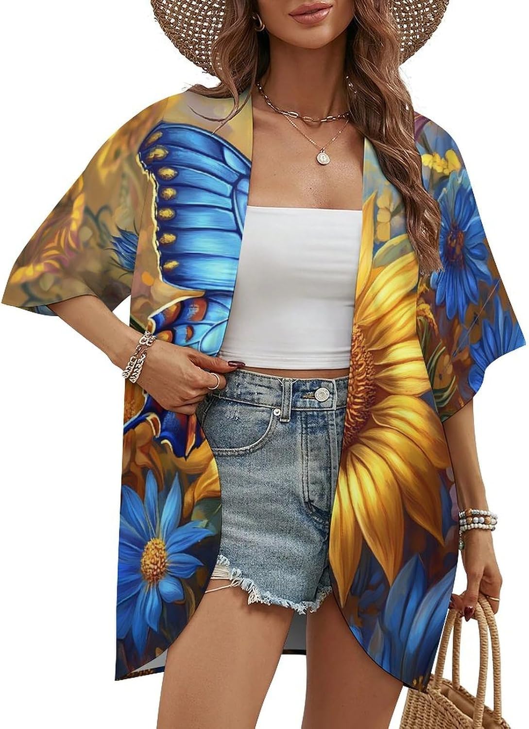 Sunflower Blue Butterfly Women's Open Front Cardigan Short Sleeves Jacket Lightweight Sweaters Tops