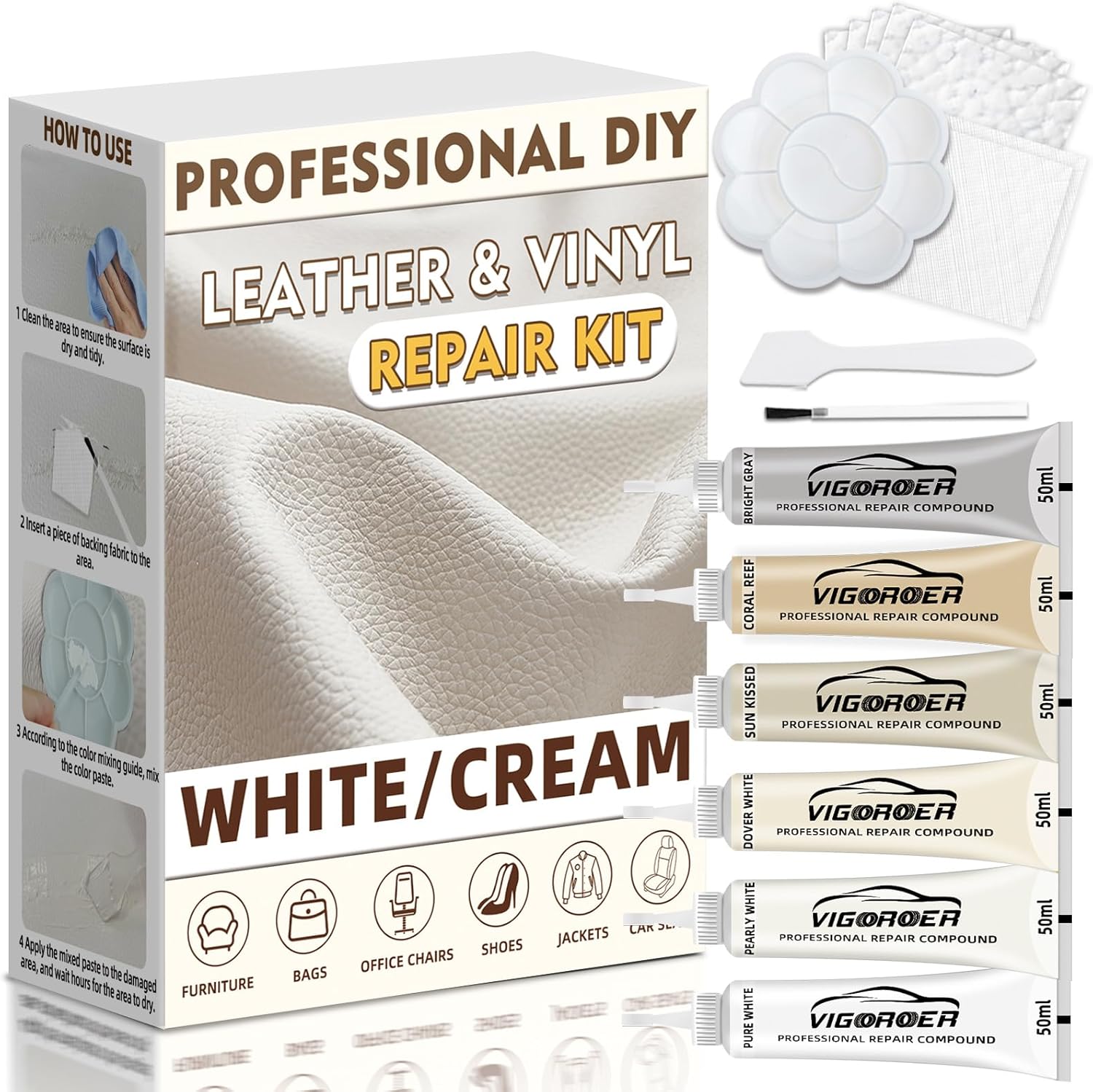 cream leather repair kit for furniture, vinyl repair kit for car interior, sofa, purse and jacket, restore any material with super easy instructions to fix scratches, tears, holes, peeling