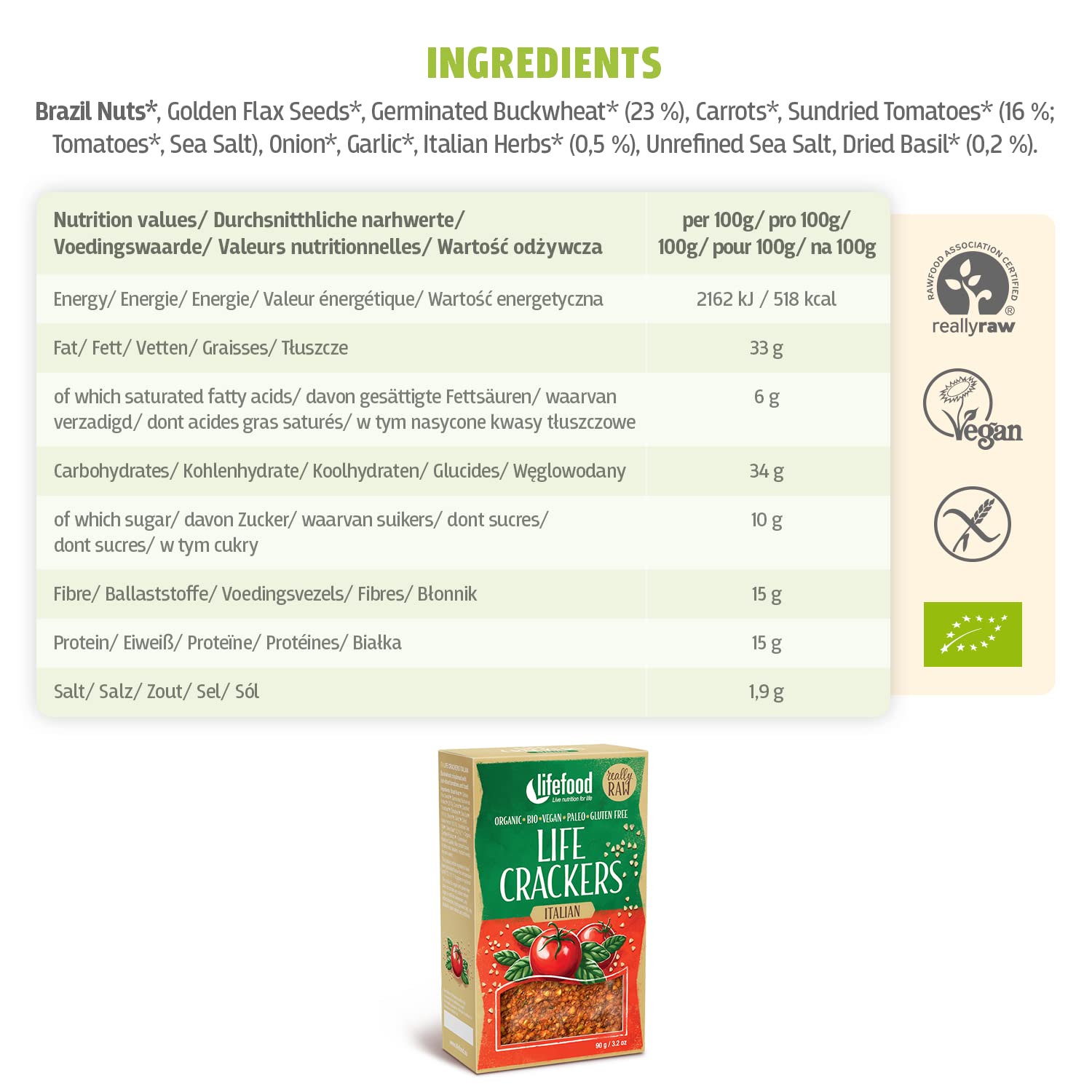 lifefood Pikantbrot Italienisch Roh Bio, 8er Pack (8 x 90 g)