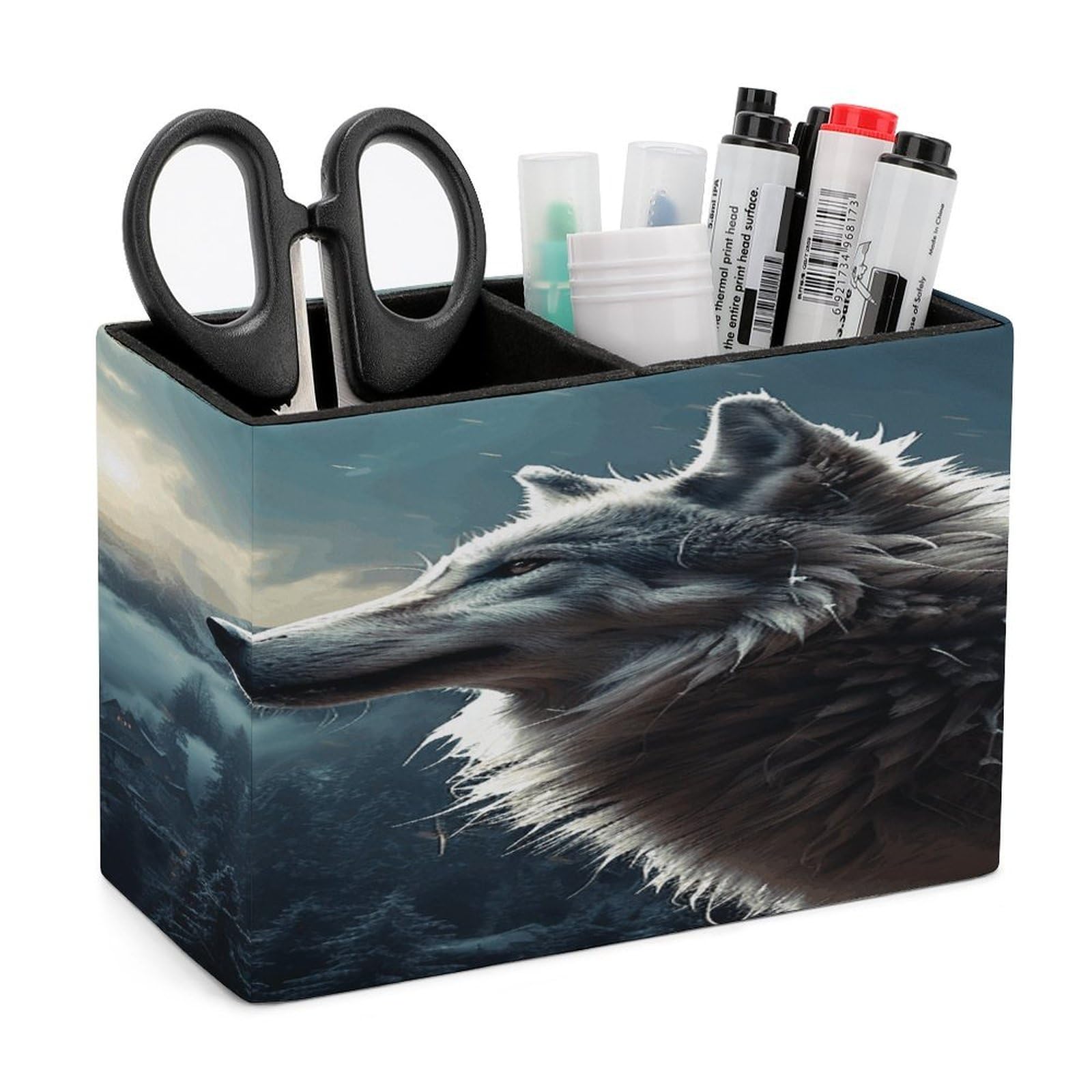 VstaDank Wolf at Night Pen Holder Double Compartments Pen Cup Fashion Makeup Brush Holders Leather Pencil Holder for Work Locker Accessories Modern Pencil Cup for Desk Organizer