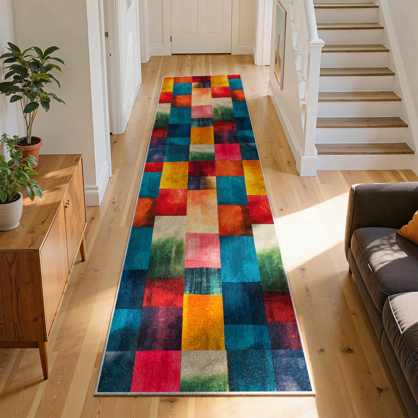 WAOTMN Colorful Geometric Patchwork Indoor Carpet Runners Non-Slip 80x300cm Multicolor Dense Short Pile Modern Living Room Hallway Rugs for Bedroom Beside Soft Cozy Hall Runner