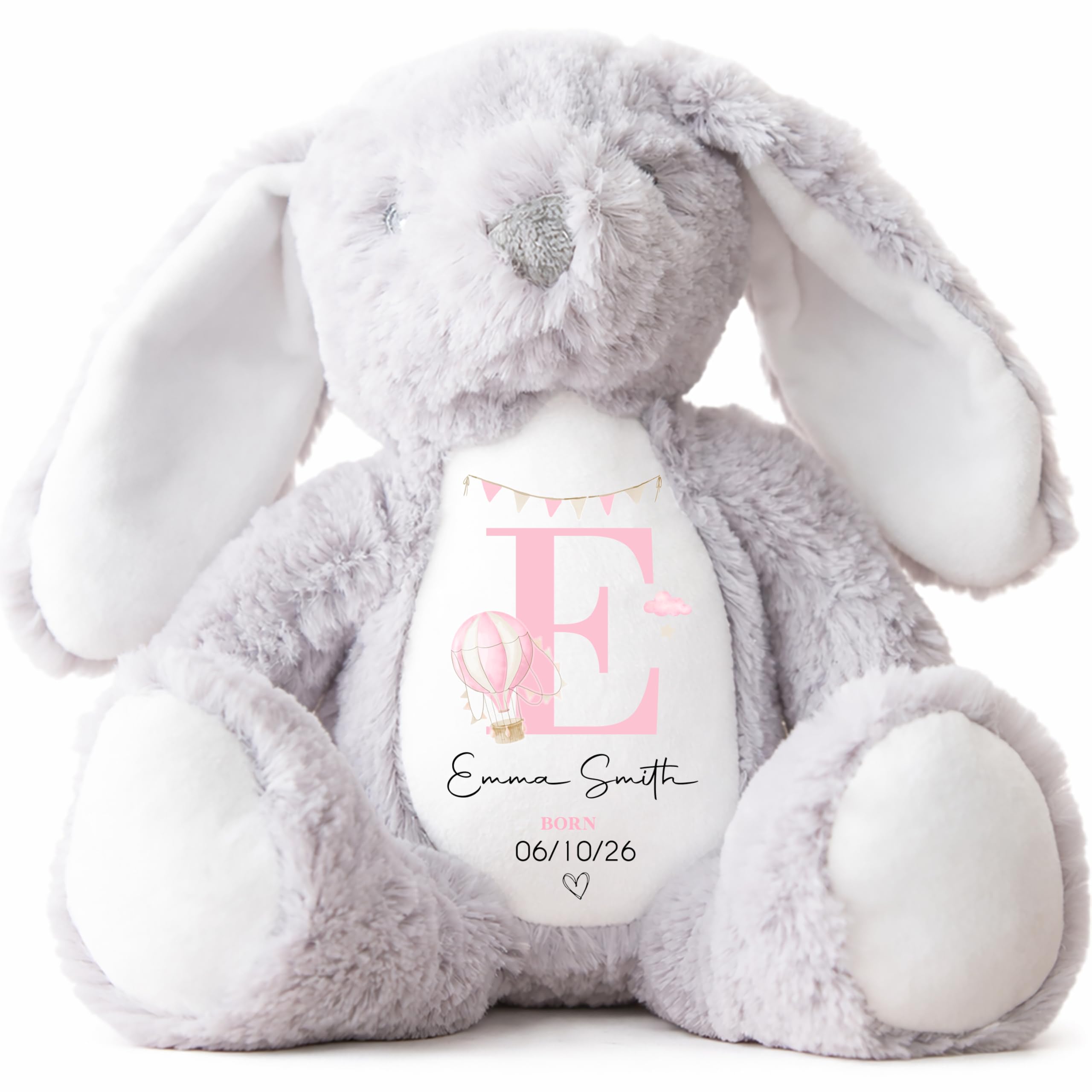 Personalised Teddy, Custom Newborn Teddy | Grey Bunny Rabbit, Baby Announcement Teddy Bear, Personalised Newborn Gift Ornament, Girls Pink Balloon