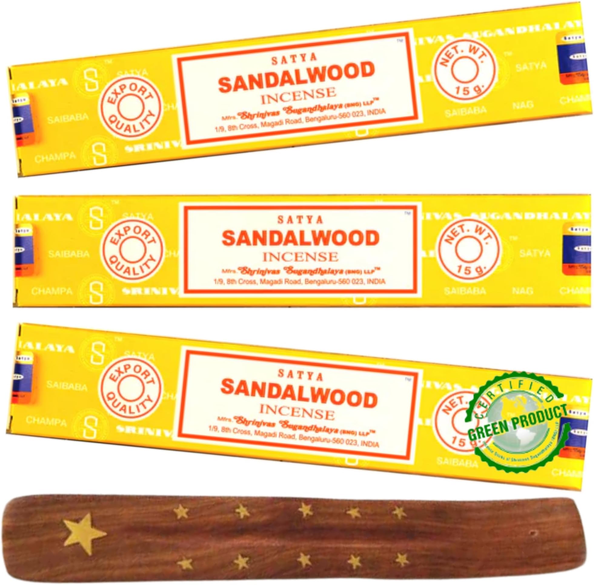 Satya Nag Champa Sandalwood Incense Sticks Pack of 3 with BURLAS® Incense Holder for Meditation, Positivity, Aromatherapy, Yoga, Healing and Relaxation