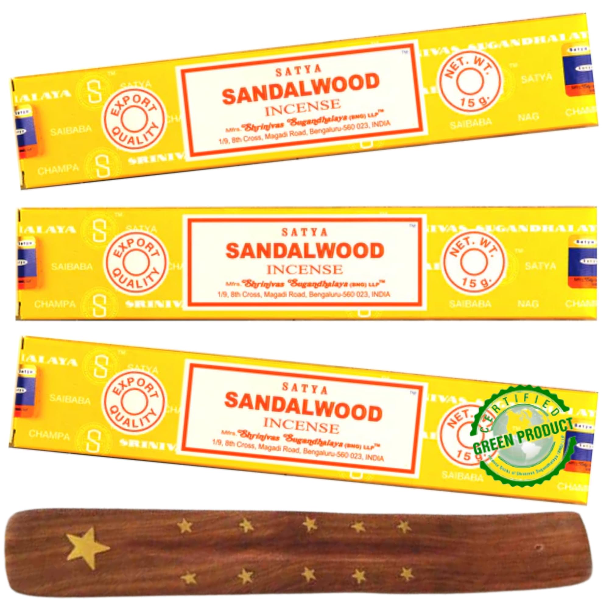 Satya Nag Champa Sandalwood Incense Sticks Pack of 3 with BURLAS® Incense Holder for Meditation, Positivity, Aromatherapy, Yoga, Healing and Relaxation