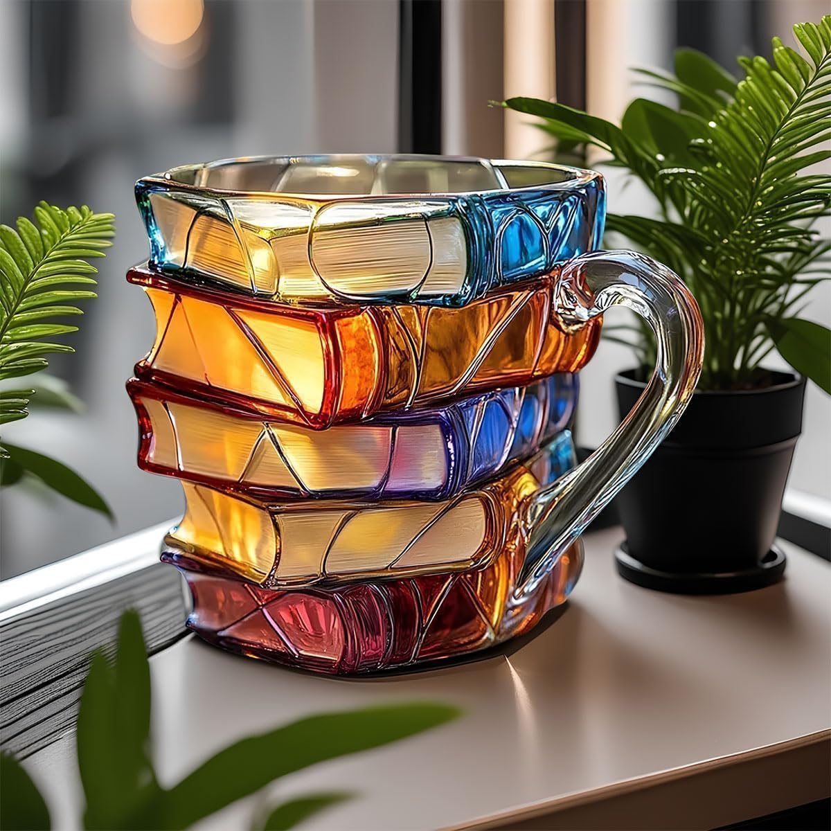 Solymall Bookhaven Mug en verre peint 3D, tasse à café empilable de livres en résine colorée, 2025 tasses à café empilables de livres, cadeaux de collection pour les amateurs de littérature (2