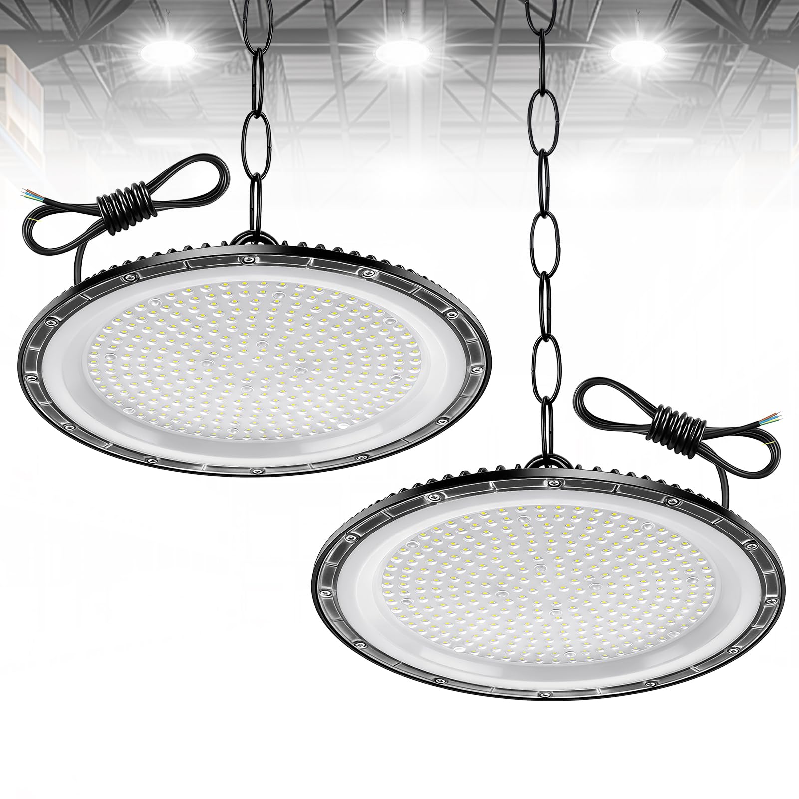 2Pack 500W UFO LED Lámpara de Alta Bahía, 50000LM Focos Interior Techo,6500K Ultrafina Iluminación de Almacén,IP67 Impermeable Naves Industriales Para Patio,Garaje,Fábrica,Taller