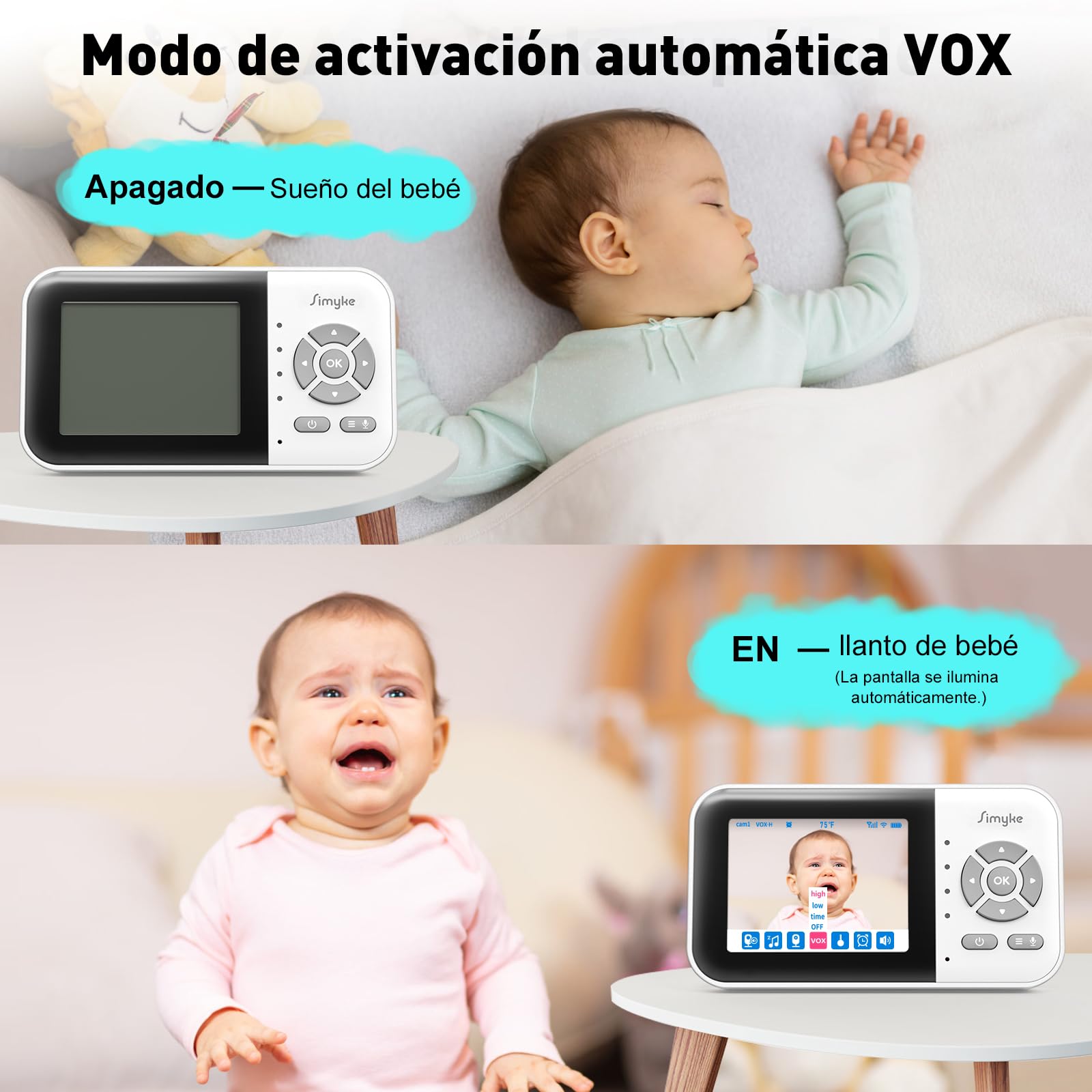 Simyke Monitor de Vídeo Mejorado para Bebé con 2 Cámaras y Audio Pantalla de 2,8'', Conversación de 2 Vías, Alcance de 1200 pies, Reloj de Alimentación, Detección de Temperatura, Cámara Inalámbrica