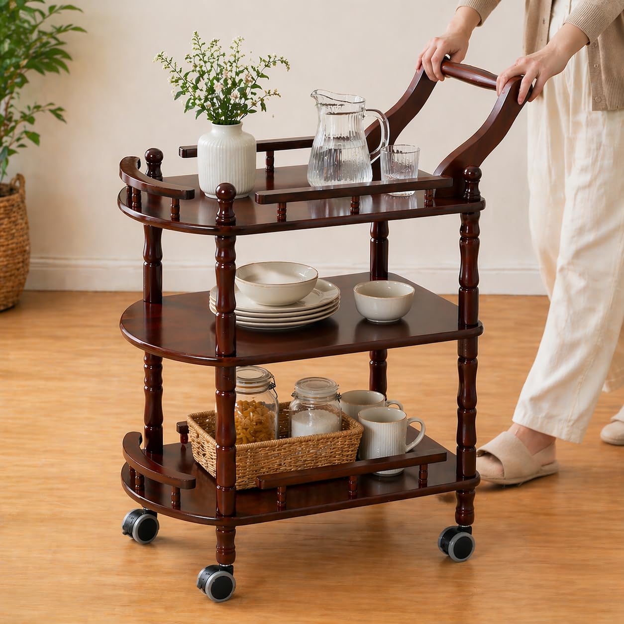 Carrello da cucina di intrattenimento, carrello da bar mobile a 3 livelli in legno di gomma importato moderno Midcentury in legno finito marrone