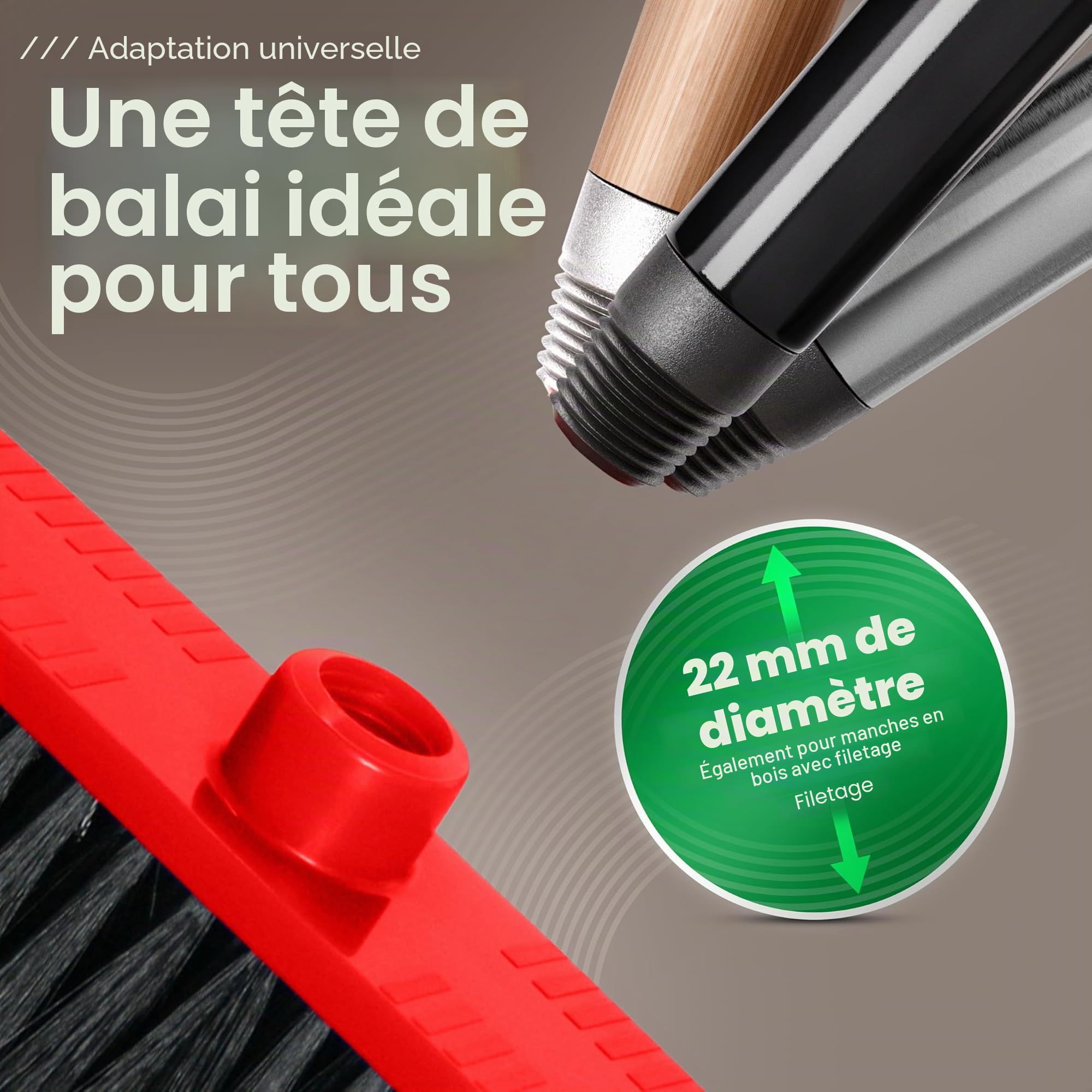 Novaliv Lot de 2 balais d'intérieur en plastique de 30 cm - Poils synthétiques fins - Rouge - Manche enfichable - Filetage - Pour manche de balai de 22 mm