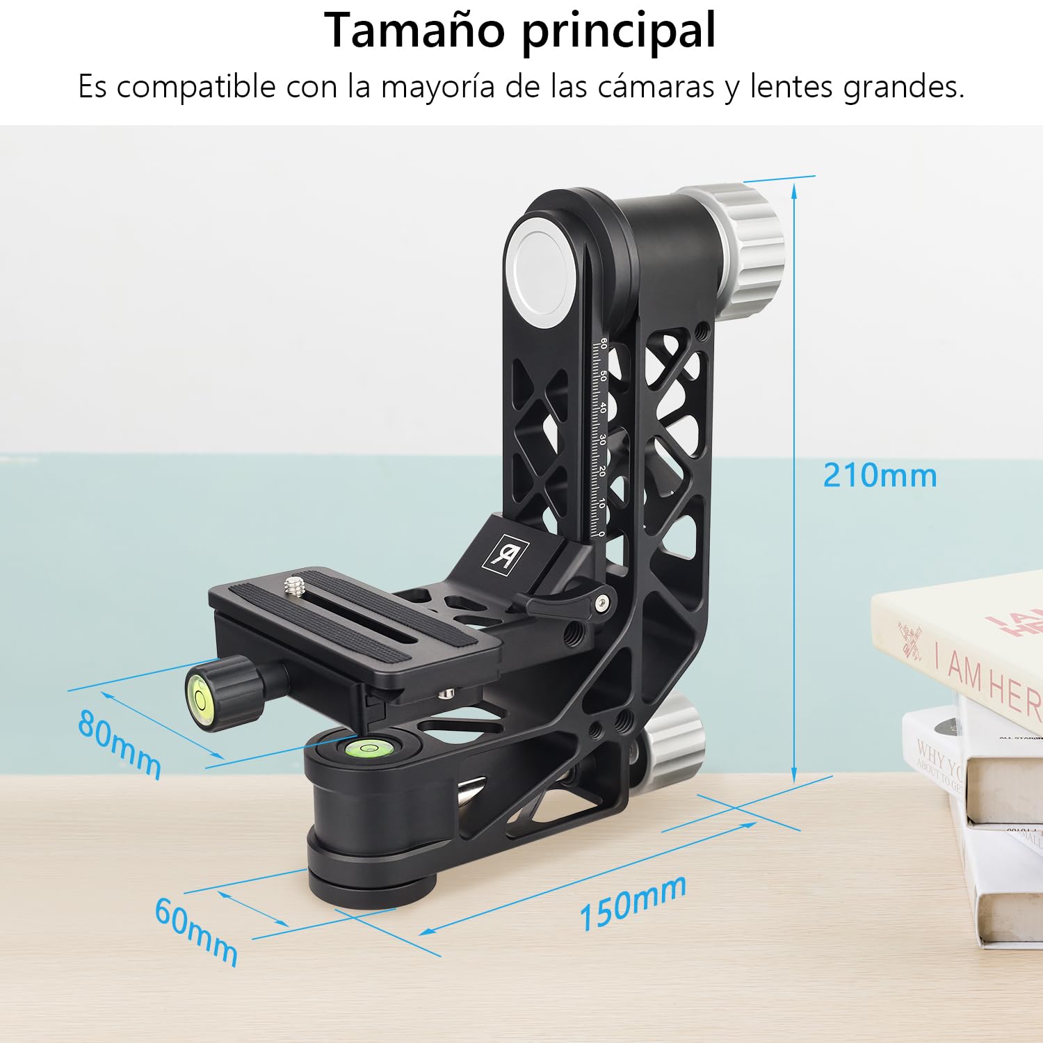 ARTCISE Cabezal de Trípode Gimbal con Mango, GH7 Cabezal Portátil Ligero y Resistente con Placa de Liberación Rápida Estándar 1/4'' y Nivel de Burbuja para Trípode de Cámara DLSR, Carga Máxima 25KG