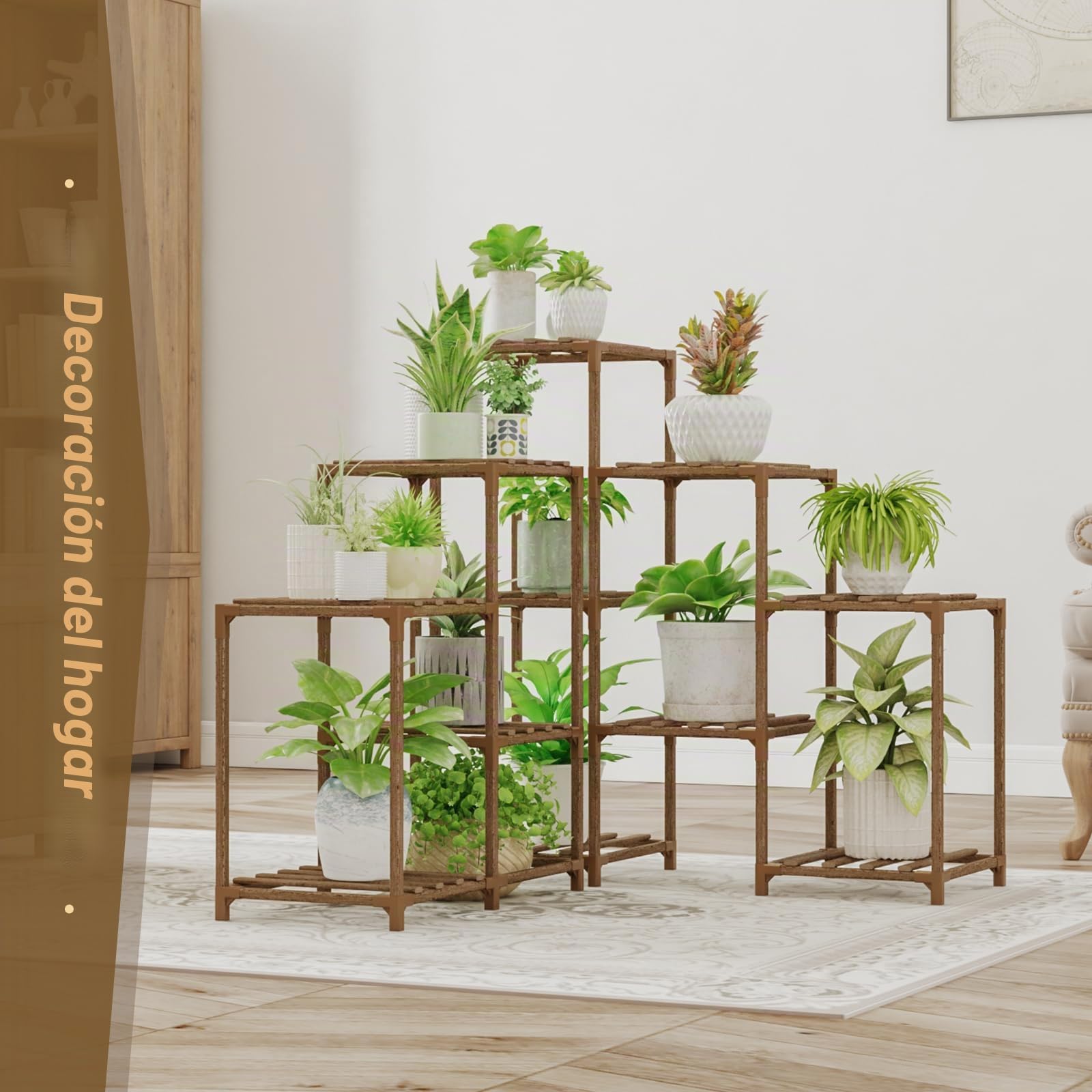 Bamworld Soporte para plantas de interior y esquina, para exteriores, 5 niveles, 11 flores, soportes de madera para plantas de jardín, soporte para plantas de madera, para sala de estar, esquina