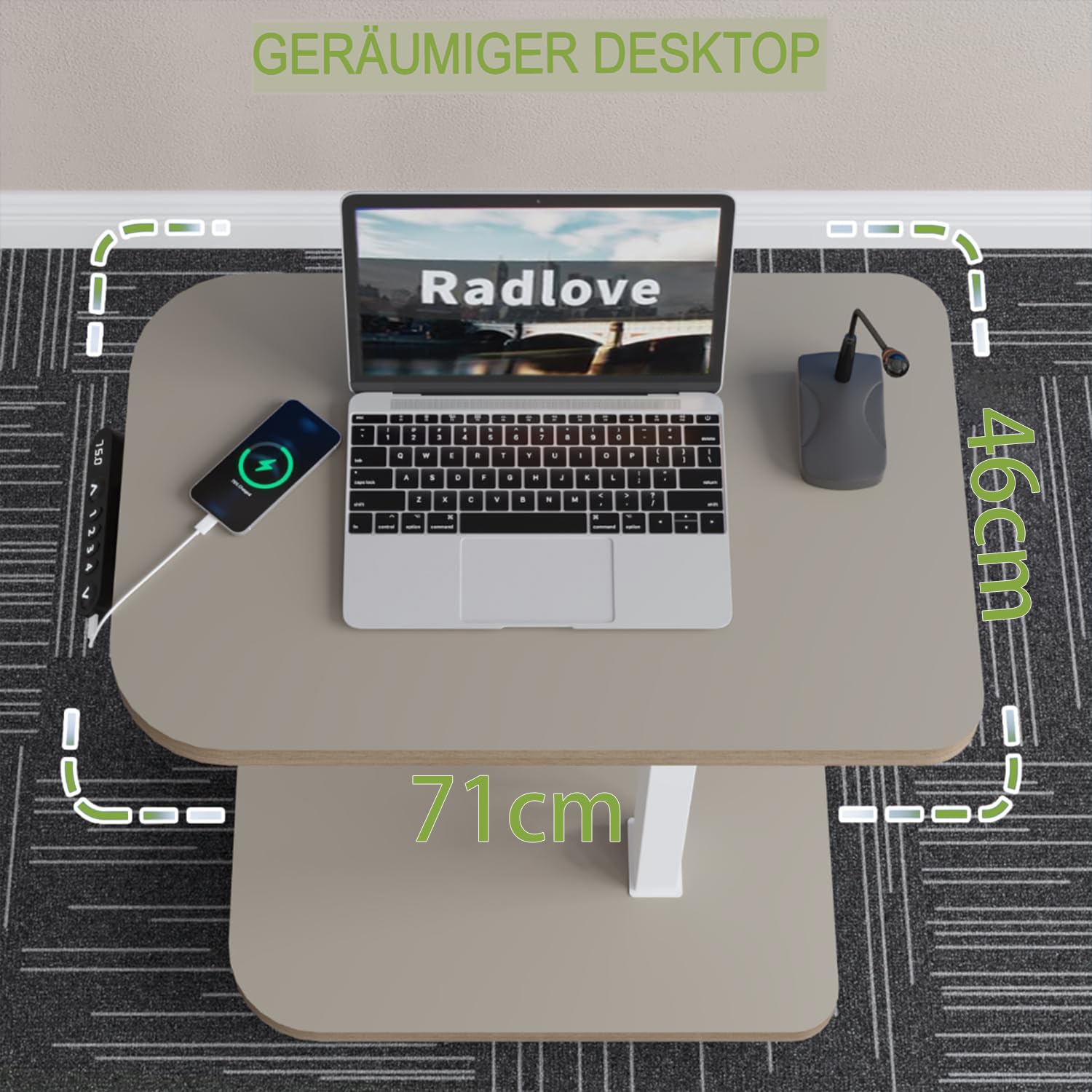 Radlove elektrisch höhenverstellbarer Schreibtisch mit USB-C & LED-Anzeige, 71×46 cm Stehpult mit Rollen, mobiler höhenverstellbarer Laptoptisch, Khaki