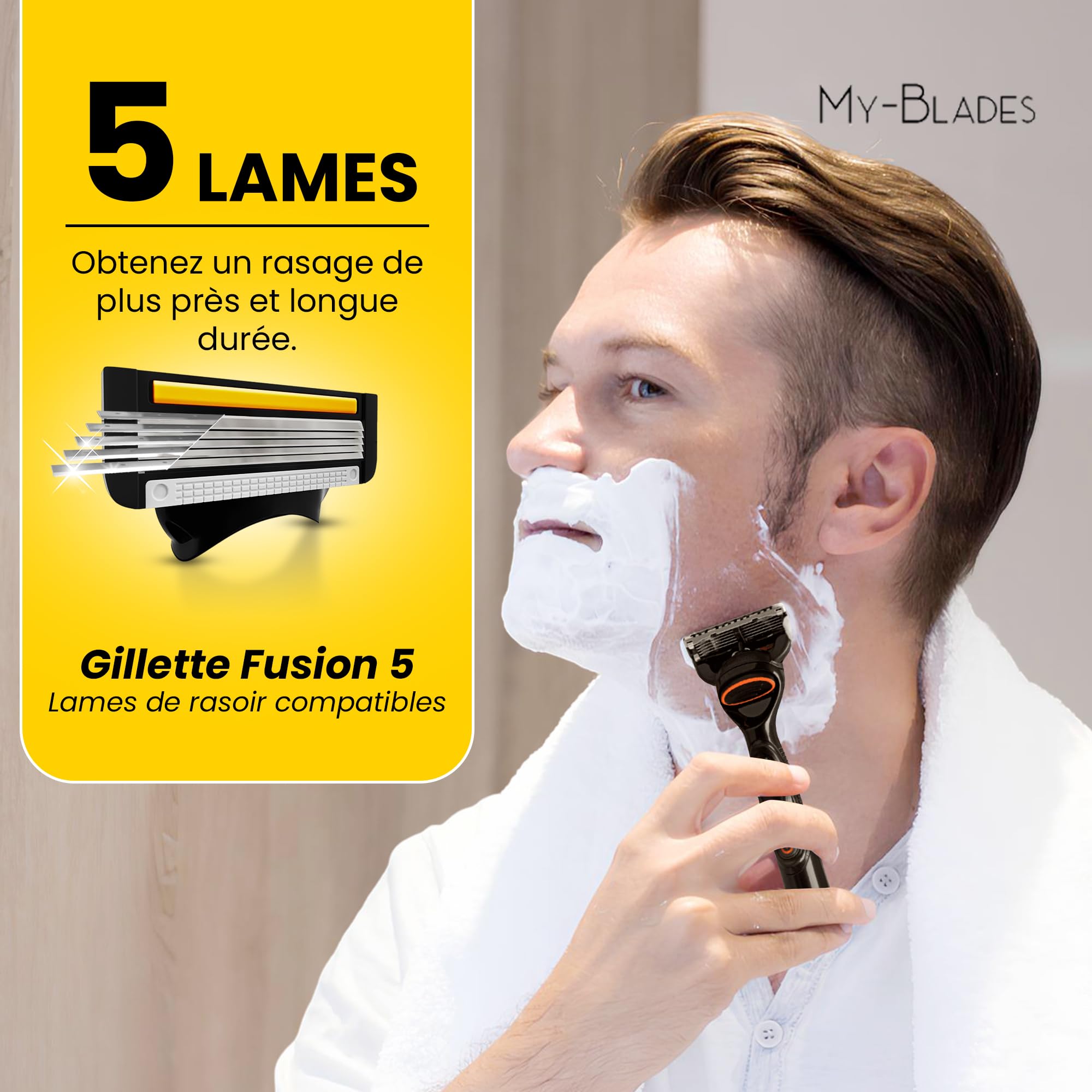 Lames de rasoir compatibles avec Gillette Fusion 5, My-Blades lot de 16 recharges à 5 lames de rechange pour homme, peu de plastique et écologique, revêtement platine