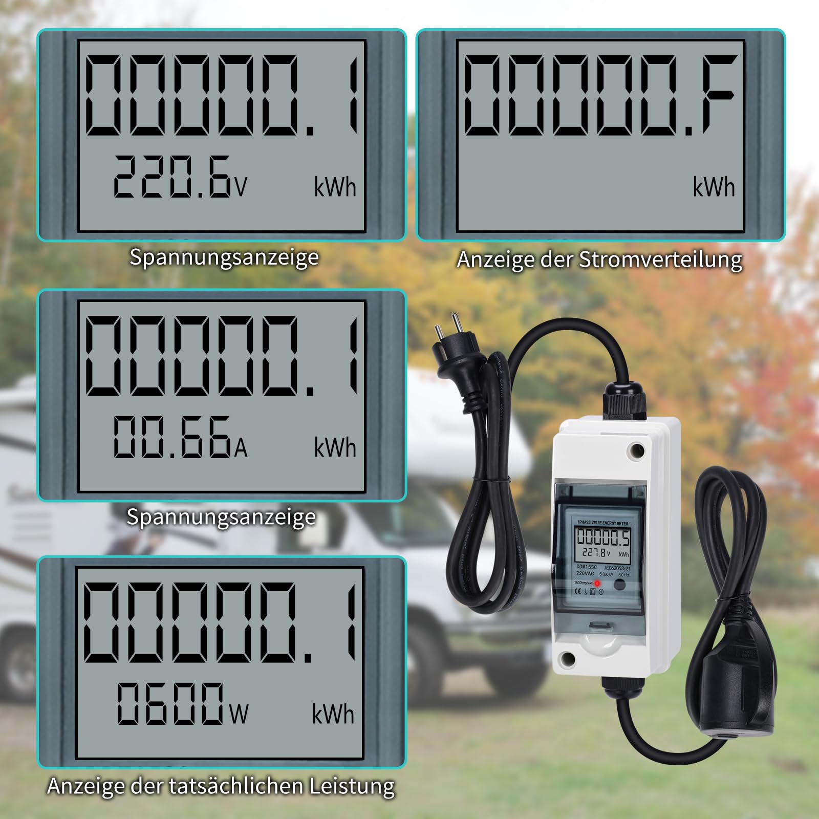 Briidea Mobilny cyfrowy licznik prądu 230 V, klasa wodoszczelności IP65, outdoorowy miernik KWH, pokazuje w czasie rzeczywistym zużycie energii, rzeczywistą moc, napięcie i natężenie prądu Twoich
