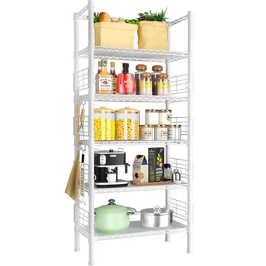 Metal Storage Rack, Storage Organizer Shelves for Kitchen, Bathroom, Living Room, Balcony and Garage, 5 Tiers Narrow Bookshelf, 21.2" W x 9.4" D x 59.2" H, Load 400lbs, White