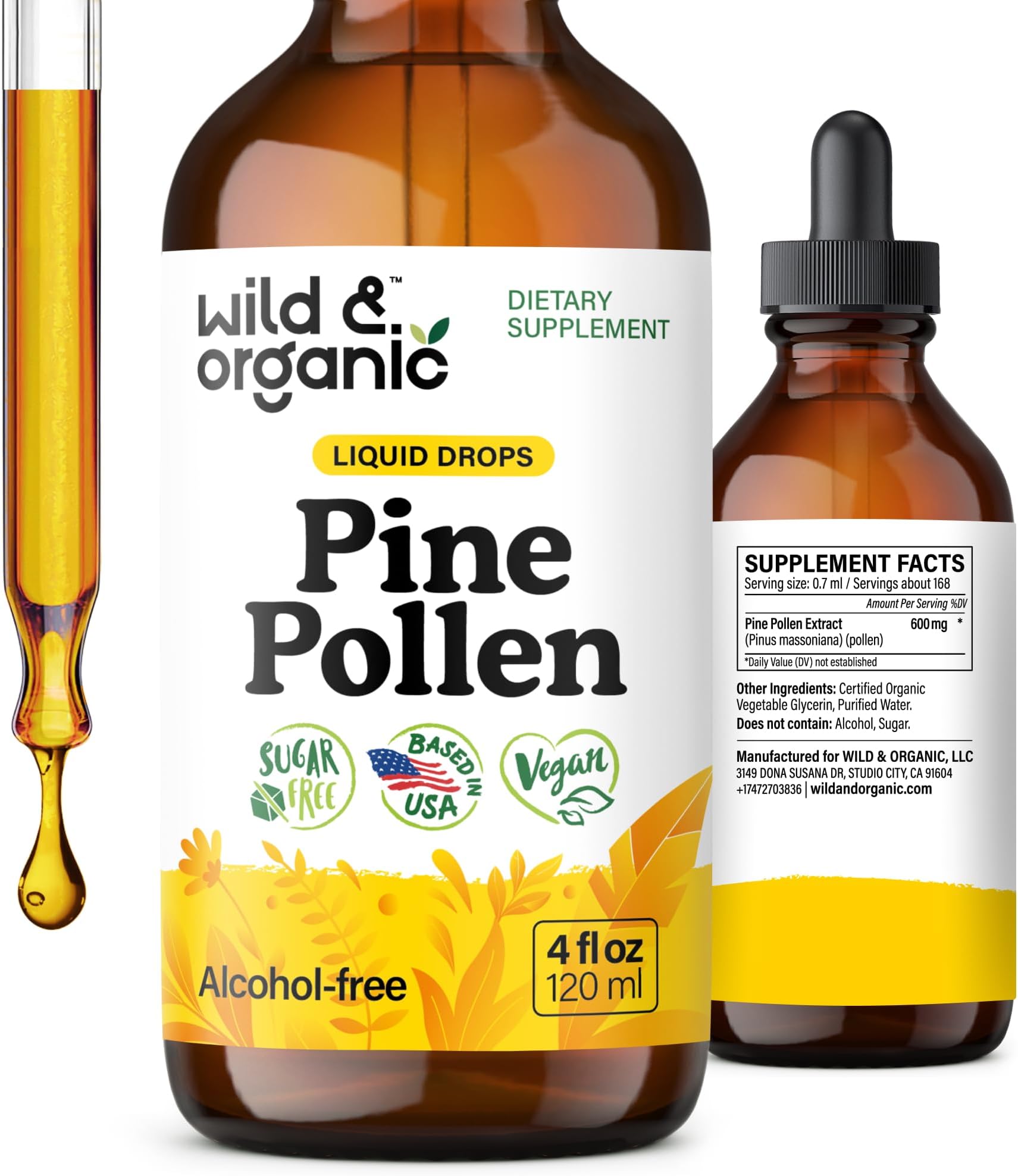 Pine Pollen Tincture - Pine Pollen for Men & Women - Add to Tea & Drink - Pure Pinus Massoniana Extract Drops - Vegan, Sugar & Alcohol-Free Liquid Supplement - 4 fl oz
