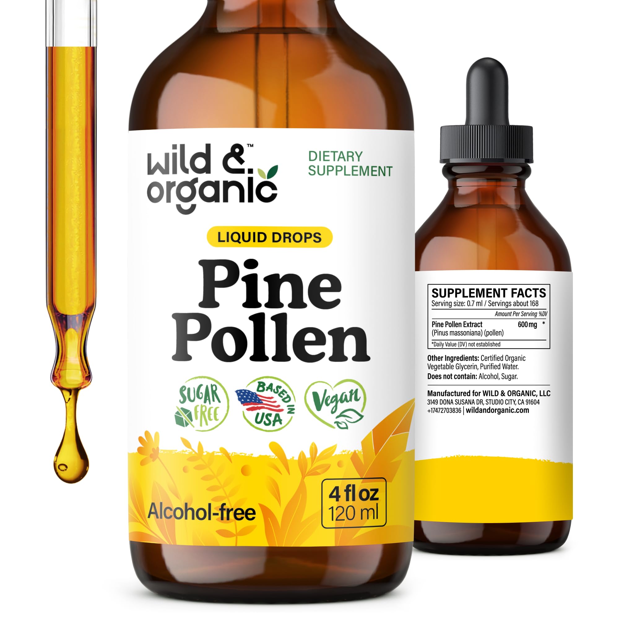 Wild & Organic Pine Pollen Tincture - Pine Pollen Powder Liquid Drops for Men & Women - Vegan, Sugar & Alcohol-Free Supplement - 4 fl oz